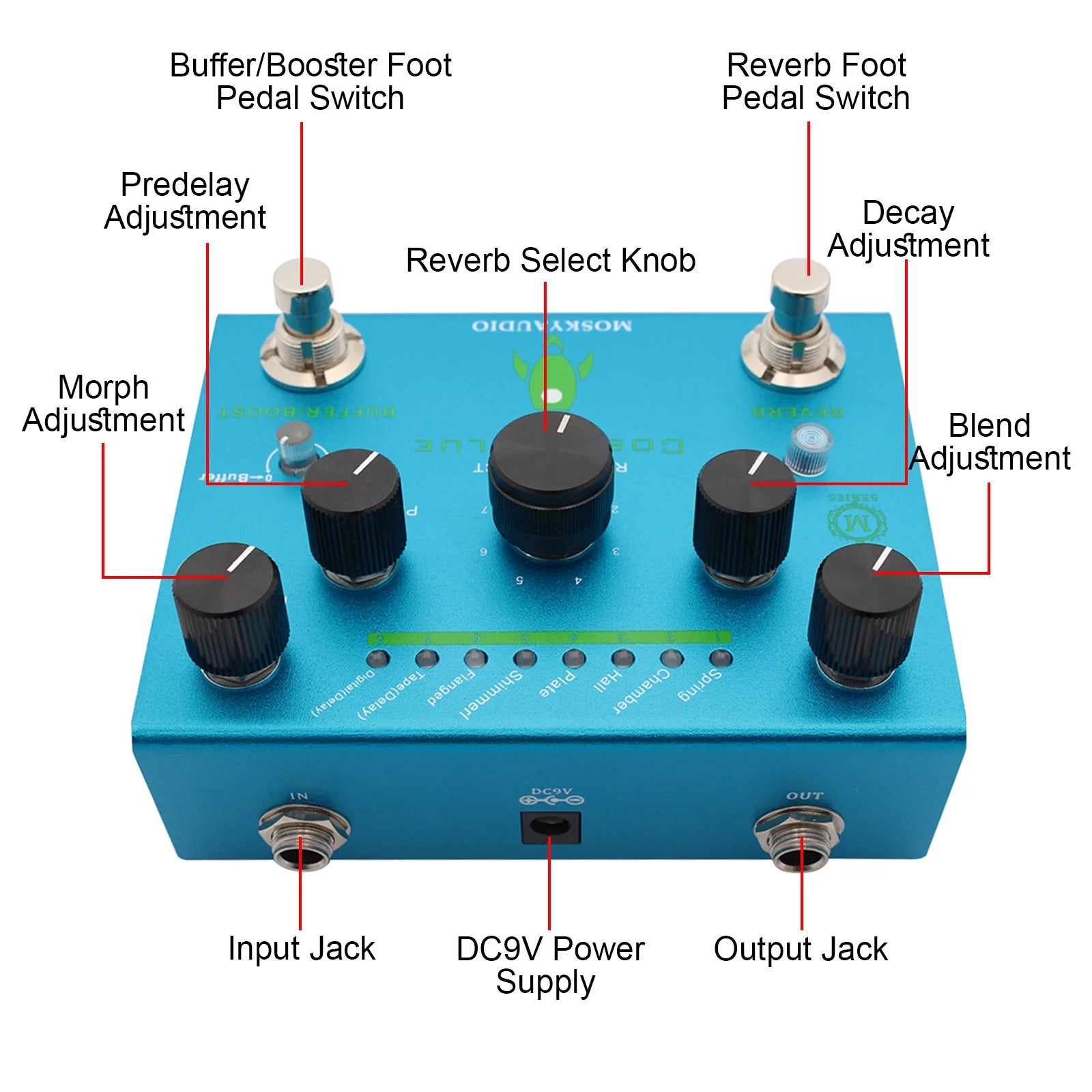 MOSKYAudio Guitar Effect Pedal Digital Reverb with 8-Mode Selection, COSMIC BLUE L67231
