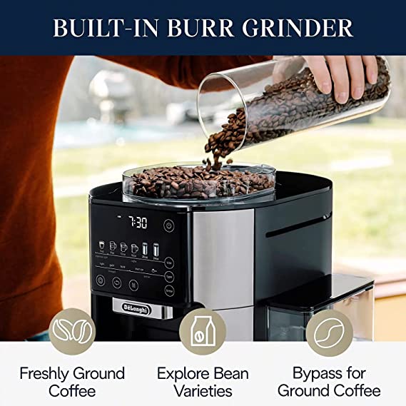 DeLonghi TrueBrew Drip Coffee Maker with Built-in Grinder, Hot or Iced Coffee, CAM51025MB V676545