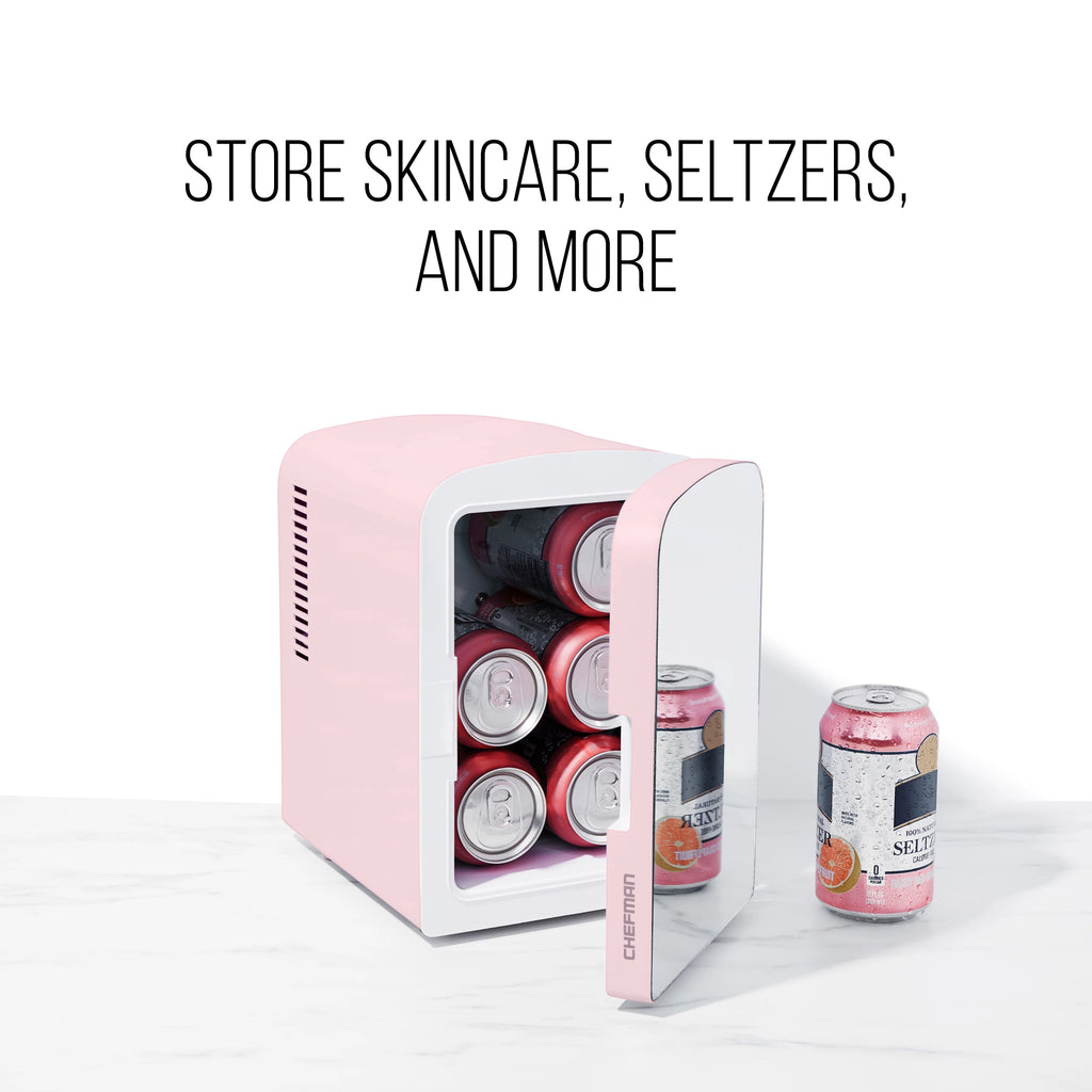 Chefman Portable Mirrored 4L Mini Fridge with Heating and Cooling, Pink R63610