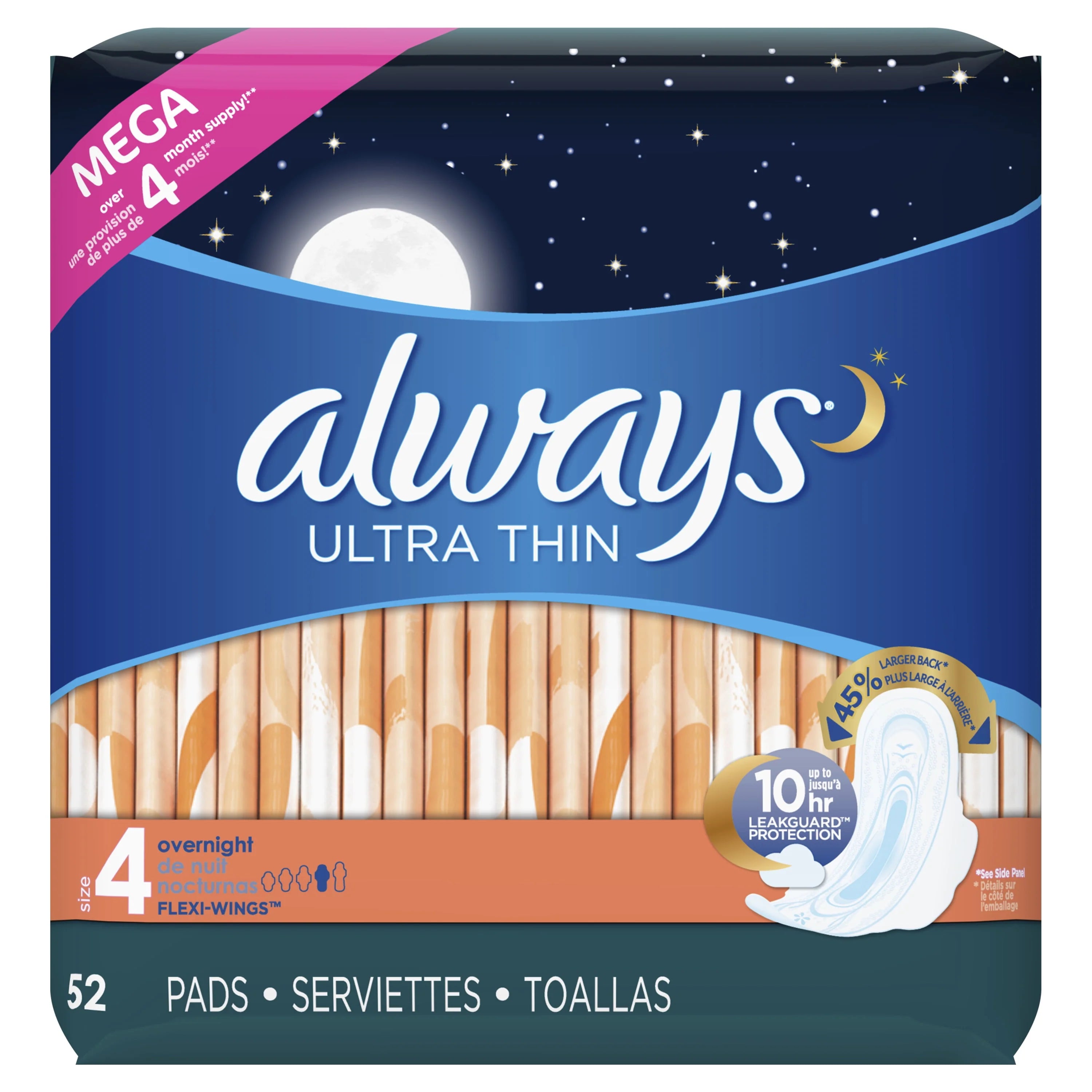 Always Ultra Thin Overnight Pads with Wings Size 4, 36 Count L6469