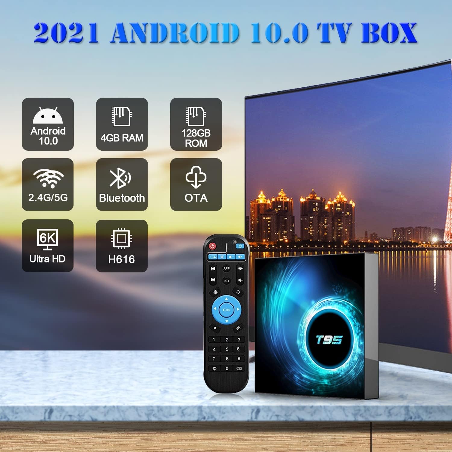T95 Android 10.0 TV Box 4GB RAM 128GB ROM Dual-Band WiFi Bluetooth 4K UHD H262083