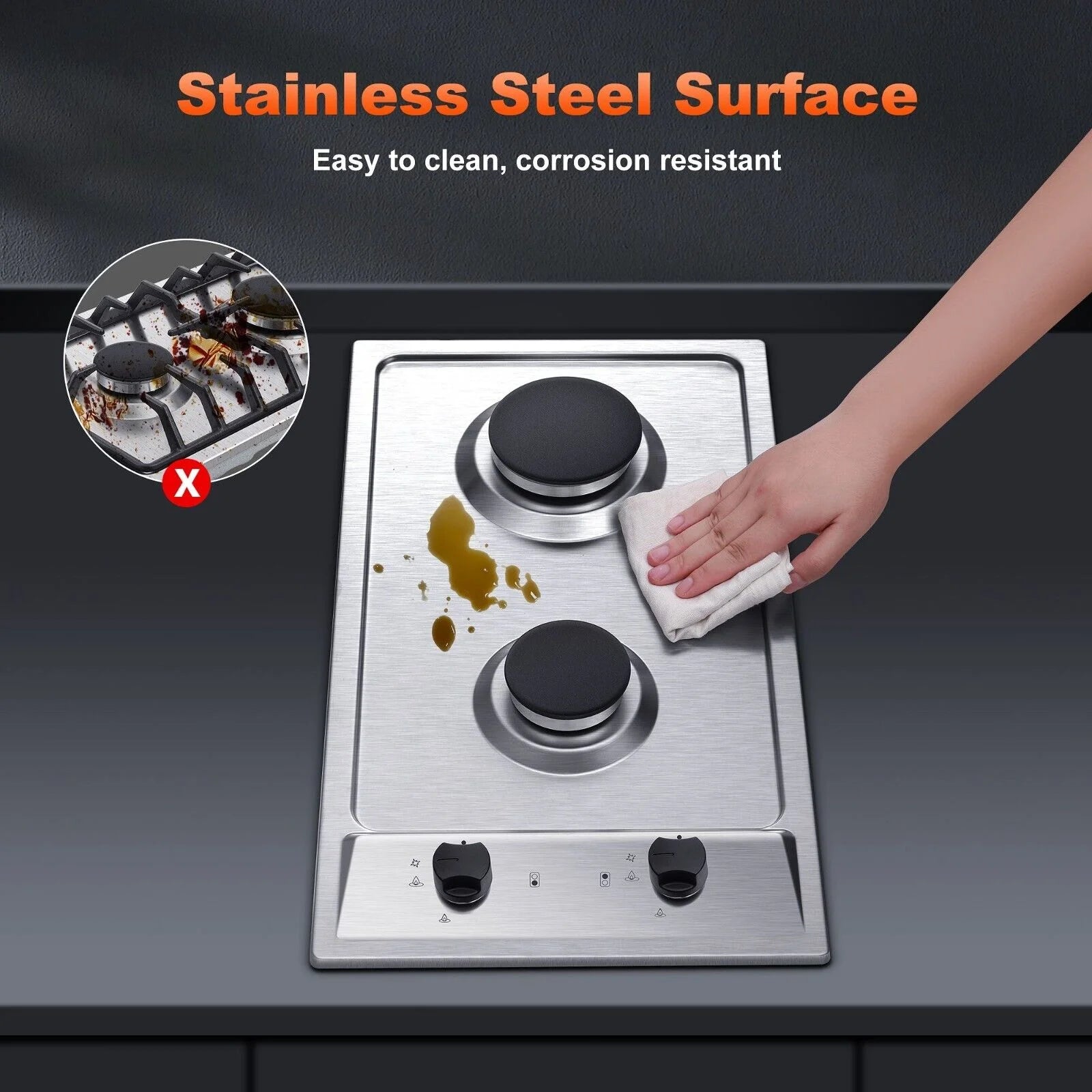 12 inch 2-Burner Stainless Steel Gas Cooktop NG/LPG Convertible W830893