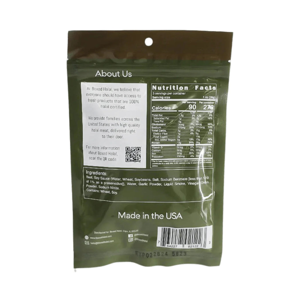BOXED HALAL Premium 100% Grass-Fed Jalapeño Garlic Beef Jerky, 13g Protein, Keto Friendly, 3 Oz. Bags (3 Pack) G829