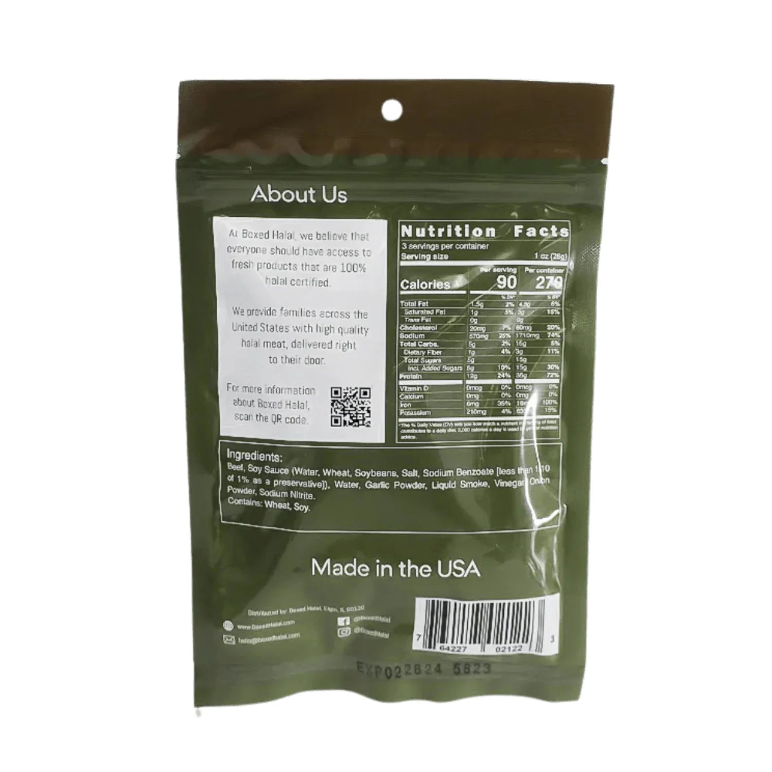 BOXED HALAL Premium 100% Grass-Fed Jalapeño Garlic Beef Jerky, 13g Protein, Keto Friendly, 3 Oz. Bags (3 Pack) G829