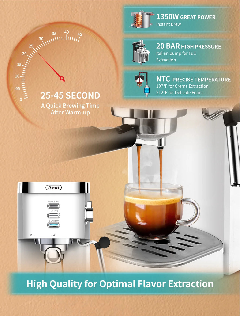 Gevi Espresso Machine 20 Bar Automatic Coffee Maker with Milk Frother Wand, White A499223