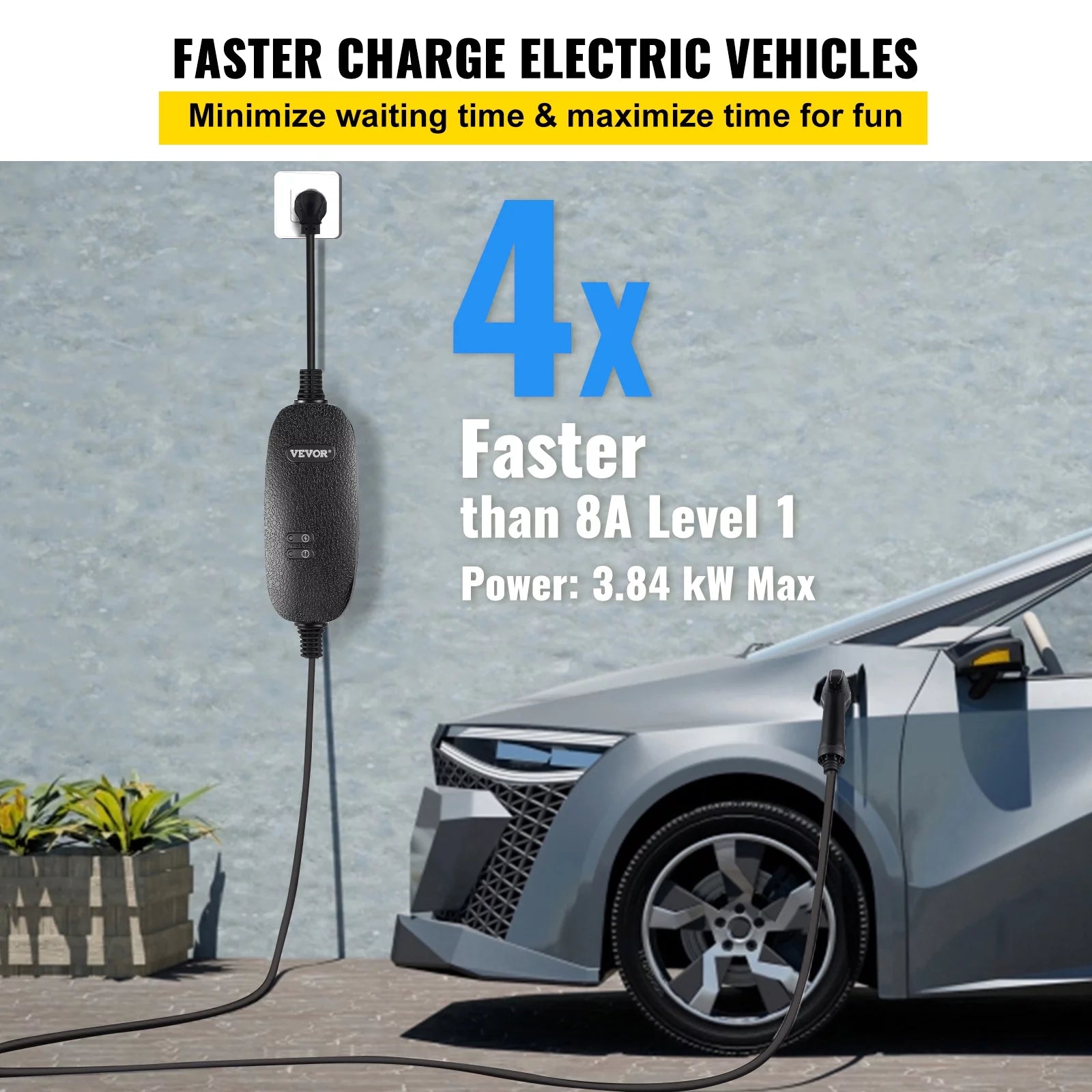 VEVOR Level 2 EV Charger, 16 Amp Portable with 25 ft Cable, J1772 Plug L434477