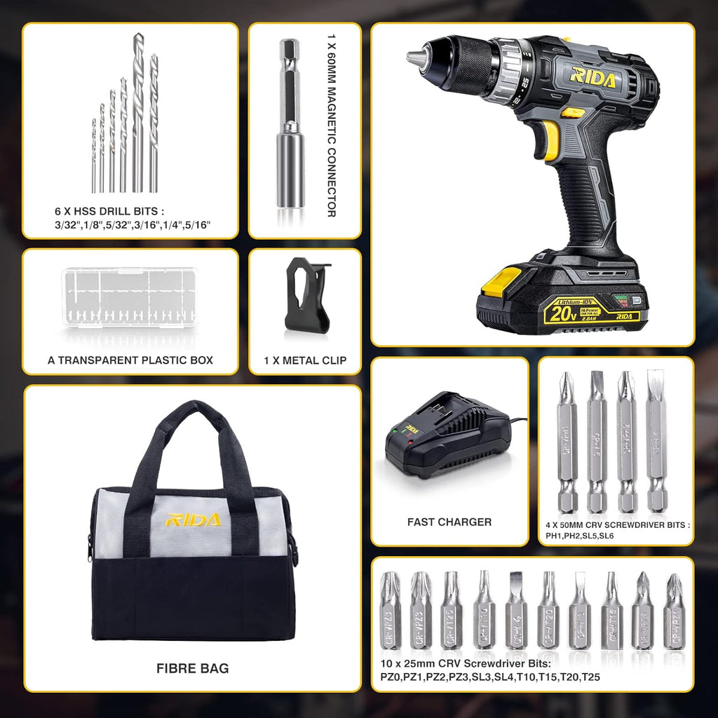 RIDA Cordless Drill 20V Power Drill Set with 2.0Ah Battery and Charger M851