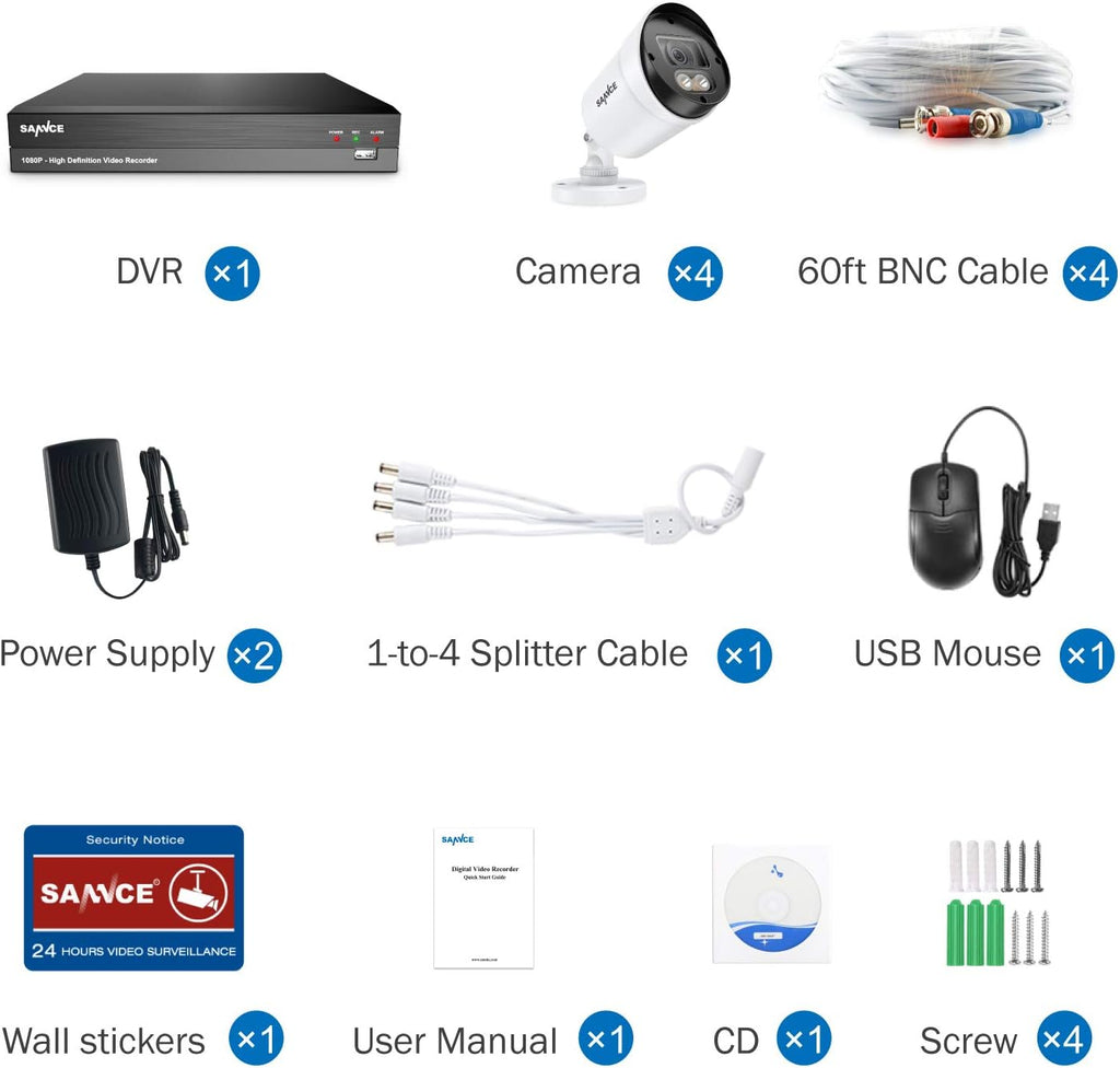 SANNCE 1080P 8 Channel Wired Security Camera System with 4 Cameras, Full Color Night Vision Q750976
