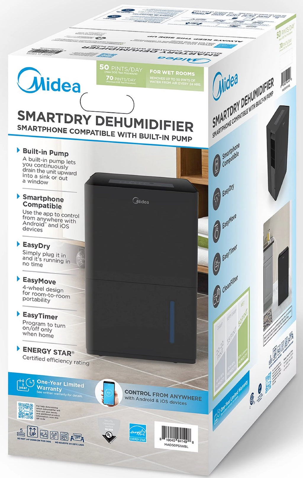 Midea 50-Pint Smart Dehumidifier with Pump, Energy Star, Black D8870