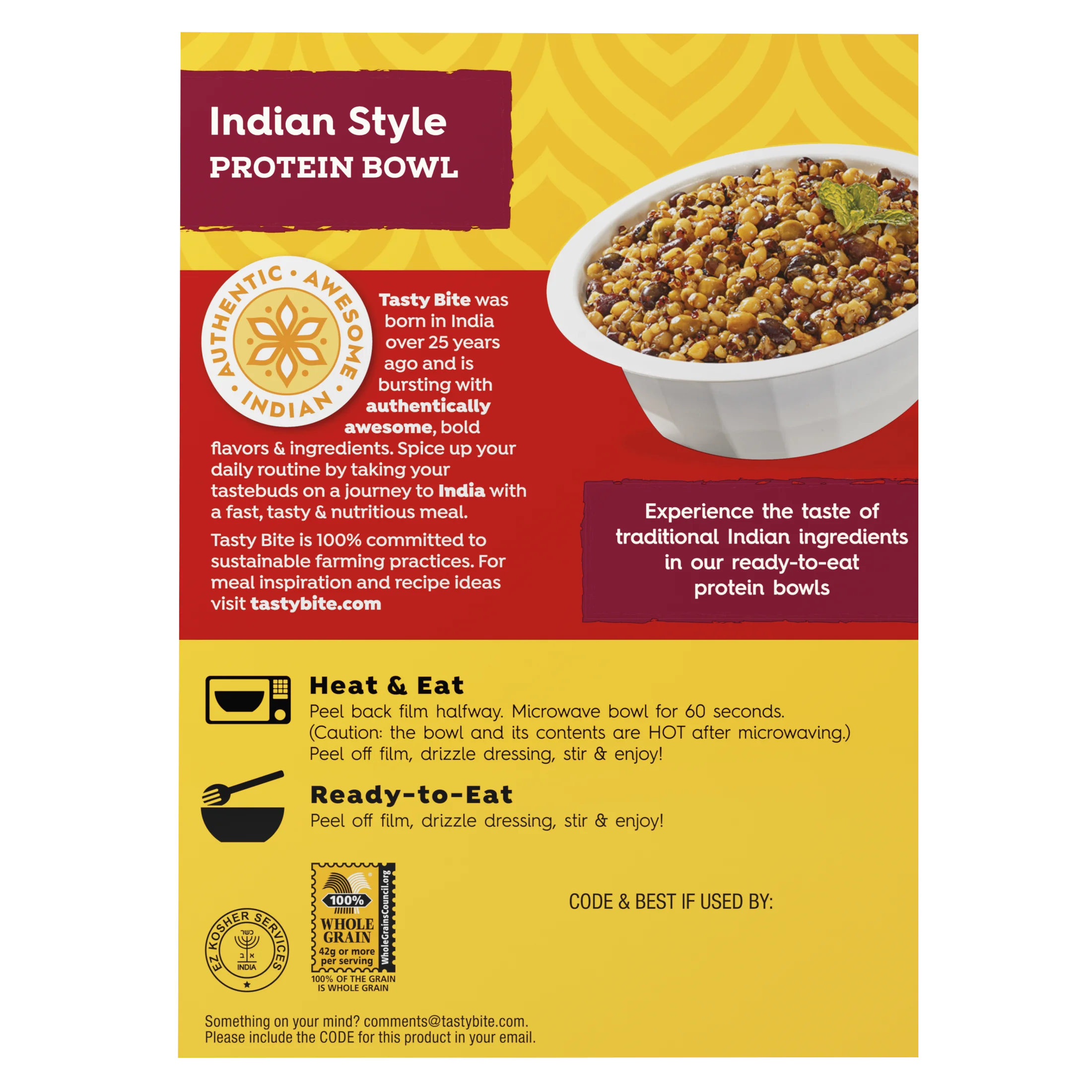 Tasty Bite All Natural Indian Plant Based Protein Bowl, 8.8 oz, 4 Pack D30746
