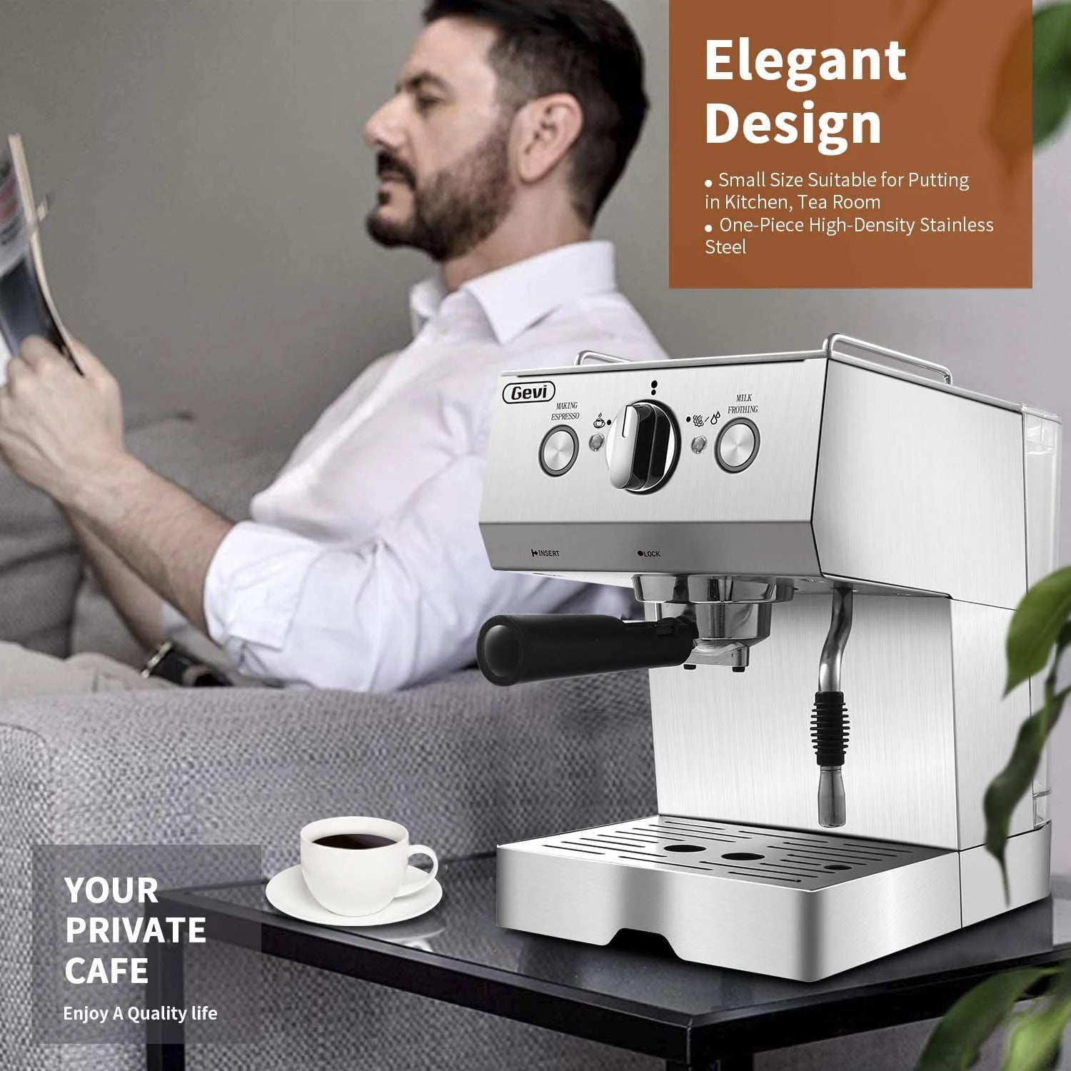 GEVI Silver Stainless Steel 15 Bar Espresso Machine Y2755