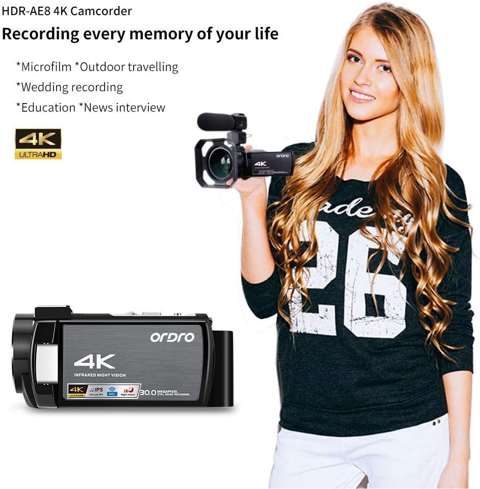 ORDRO HDR-AE8 4K Video Camera Camcorder with WiFi and IR Night Vision P10774