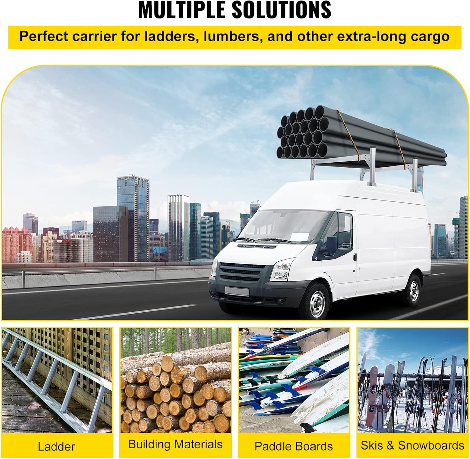VEVOR Universal Roof Ladder Rack for Vans, 2 Bars Adjustable Aluminum, 330 LBS Capacity J68281