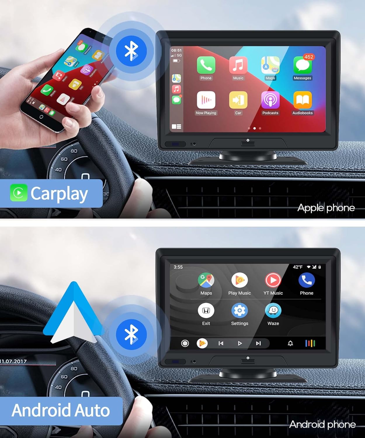 Portable Bluetooth Car Stereo with Carplay, Android Auto, 7" Backup Camera and DVR O923149