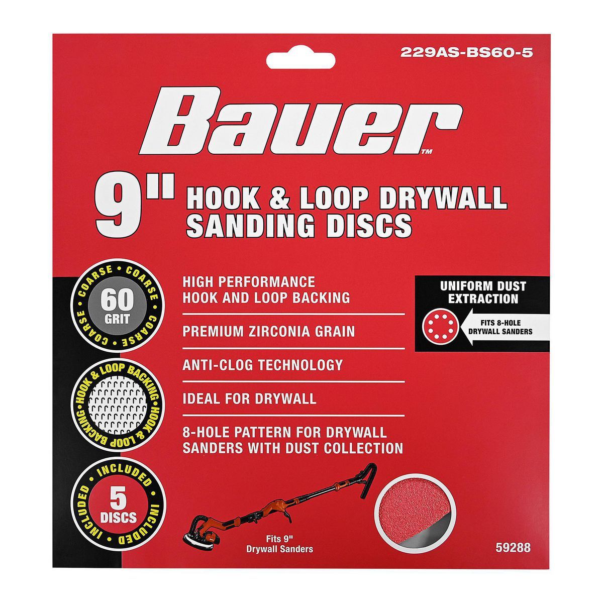 BAUER 9 in. 60 Grit Hook and Loop Drywall Sanding Discs, 5 Pack