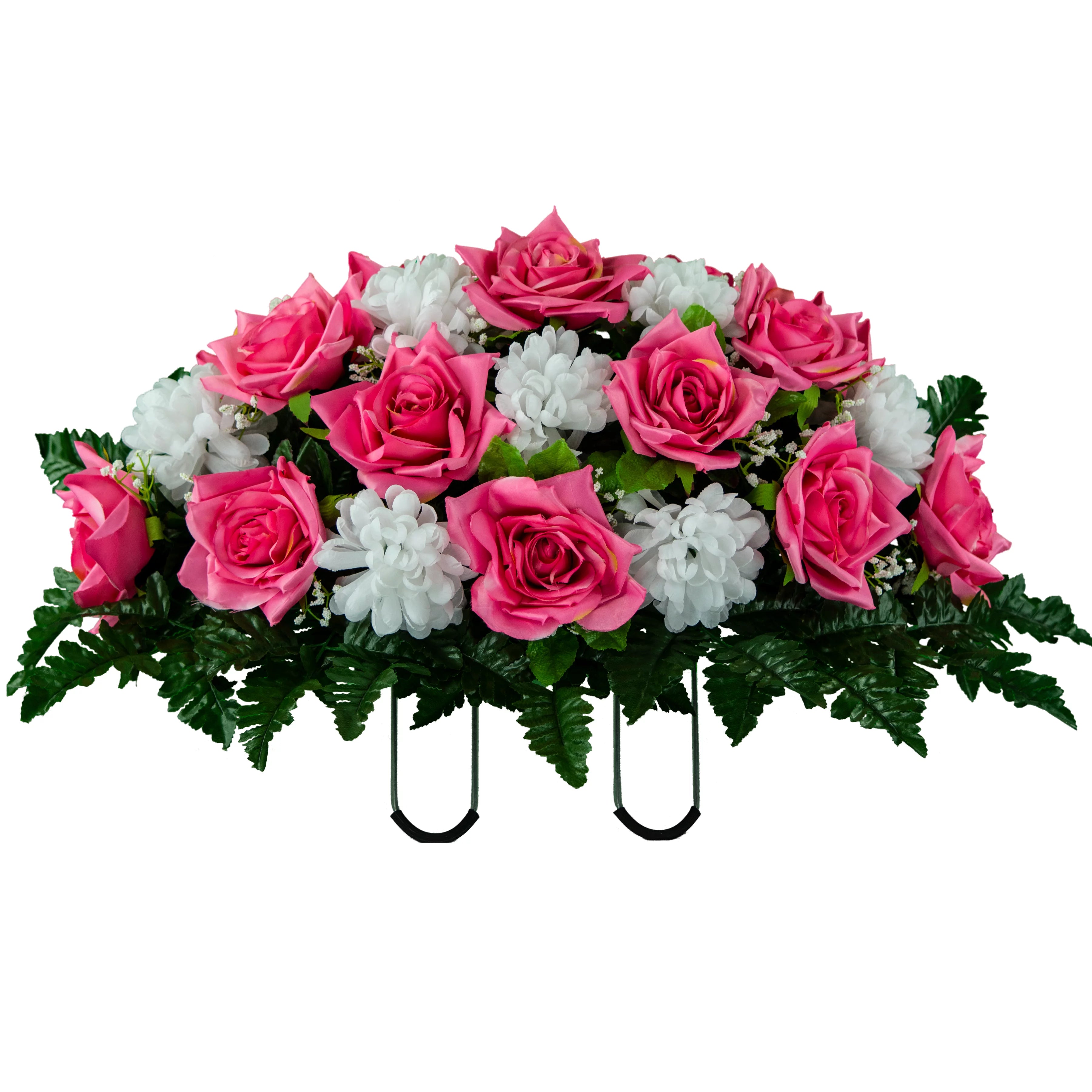 Sympathy Silks Artificial Cemetery Flowers 30" Beauty Pink Open Rose/White Mum Saddle S7779