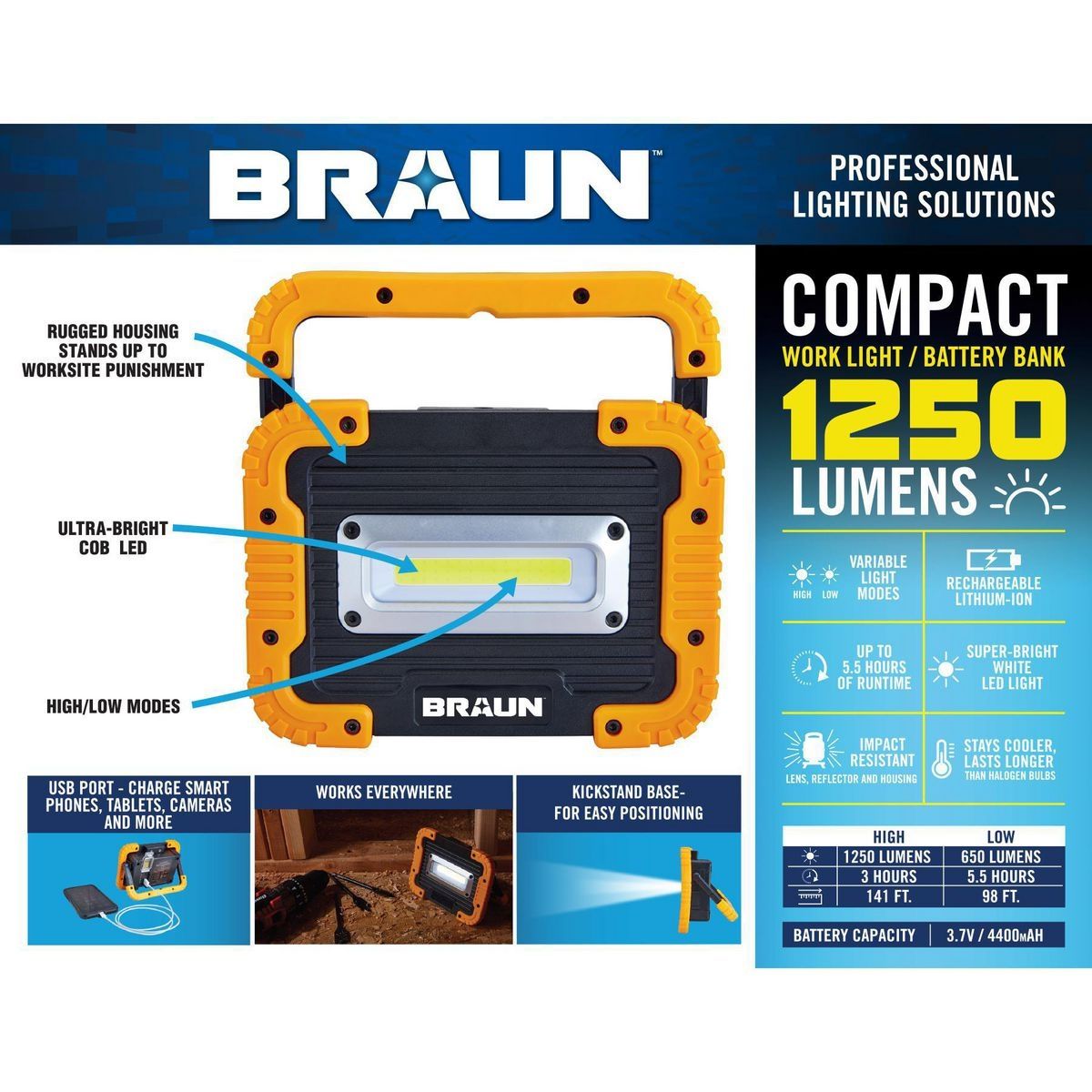 BRAUN 1250 Lumen LED Rechargeable Work Light R8995