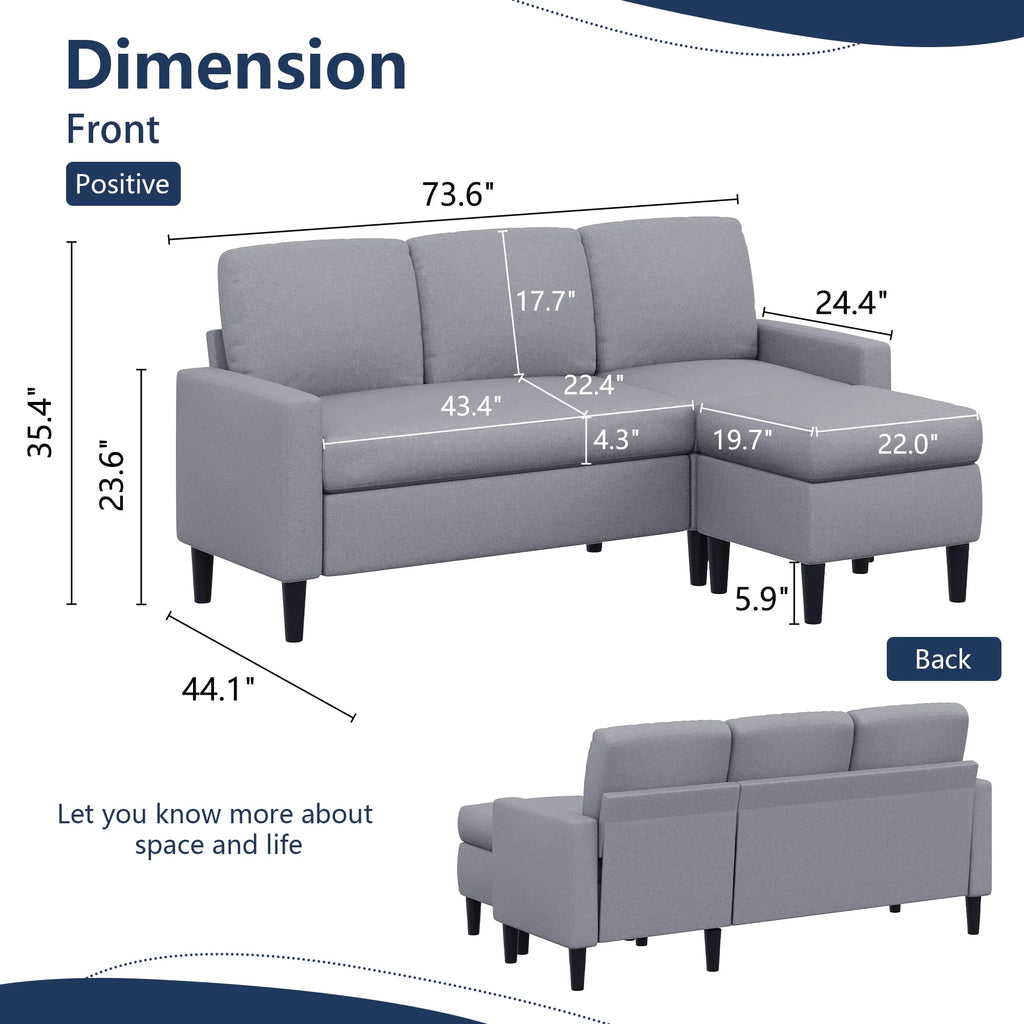 Walsunny Convertible Sectional Sofa Couch, L-Shaped with Reversible Chaise, Grayish Black A704