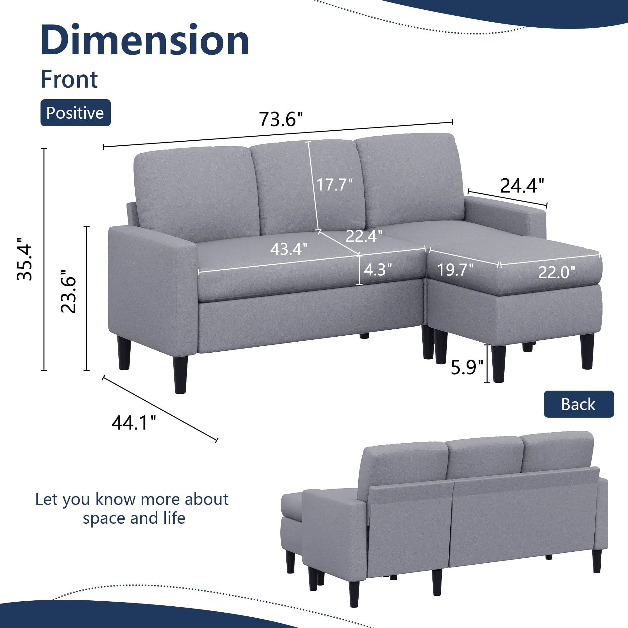 Walsunny Convertible Sectional Sofa Couch, L-Shaped with Reversible Chaise, Grayish Black A704