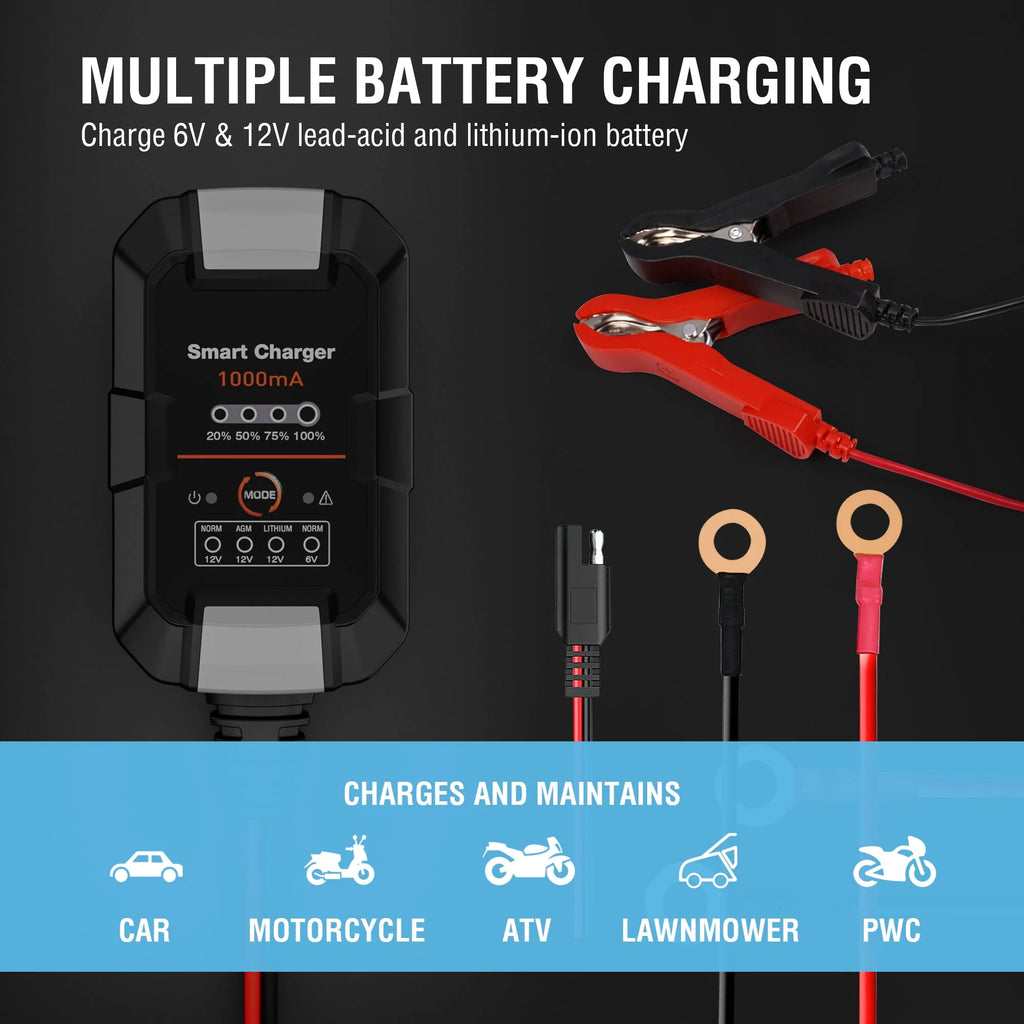 NEXPOW Battery Charger 6V/12V 1A Trickle Charger for Car Motorcycle L58840