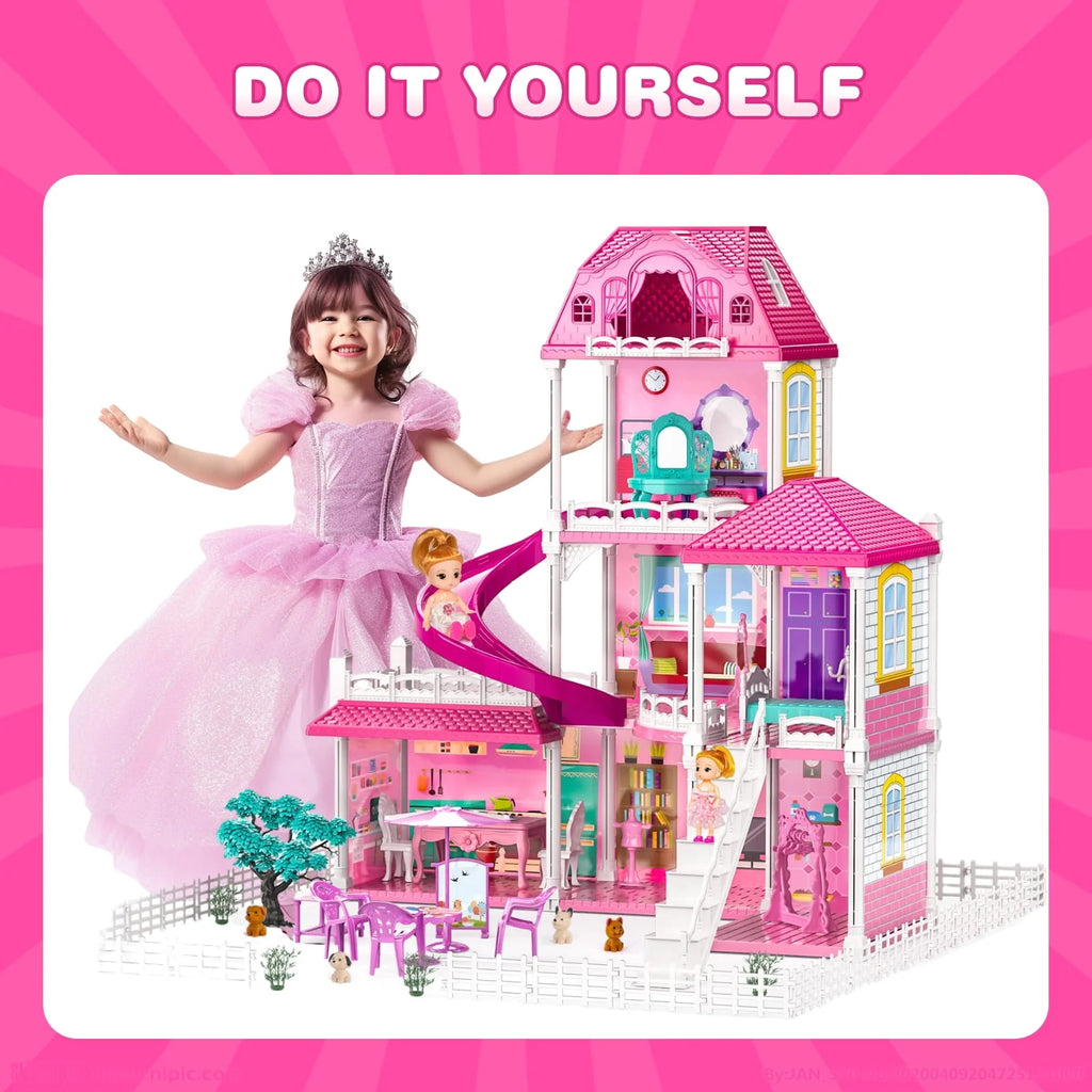 HopeRock Dollhouse for Girls, 4-Story 12 Rooms with 2 Dolls O6260