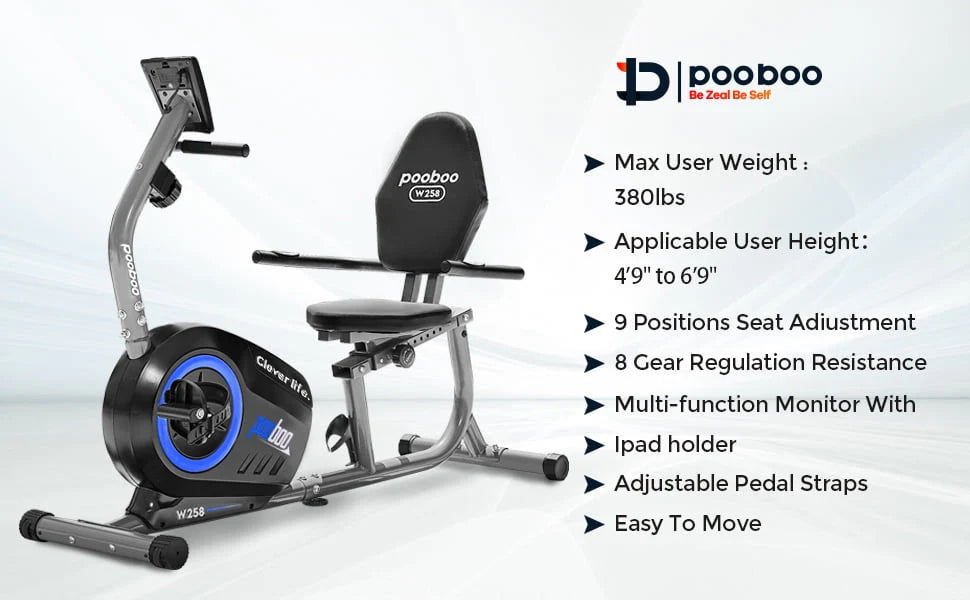 Pooboo Recumbent Exercise Bike Magnetic Resistance Indoor Cycling 380lb K92635