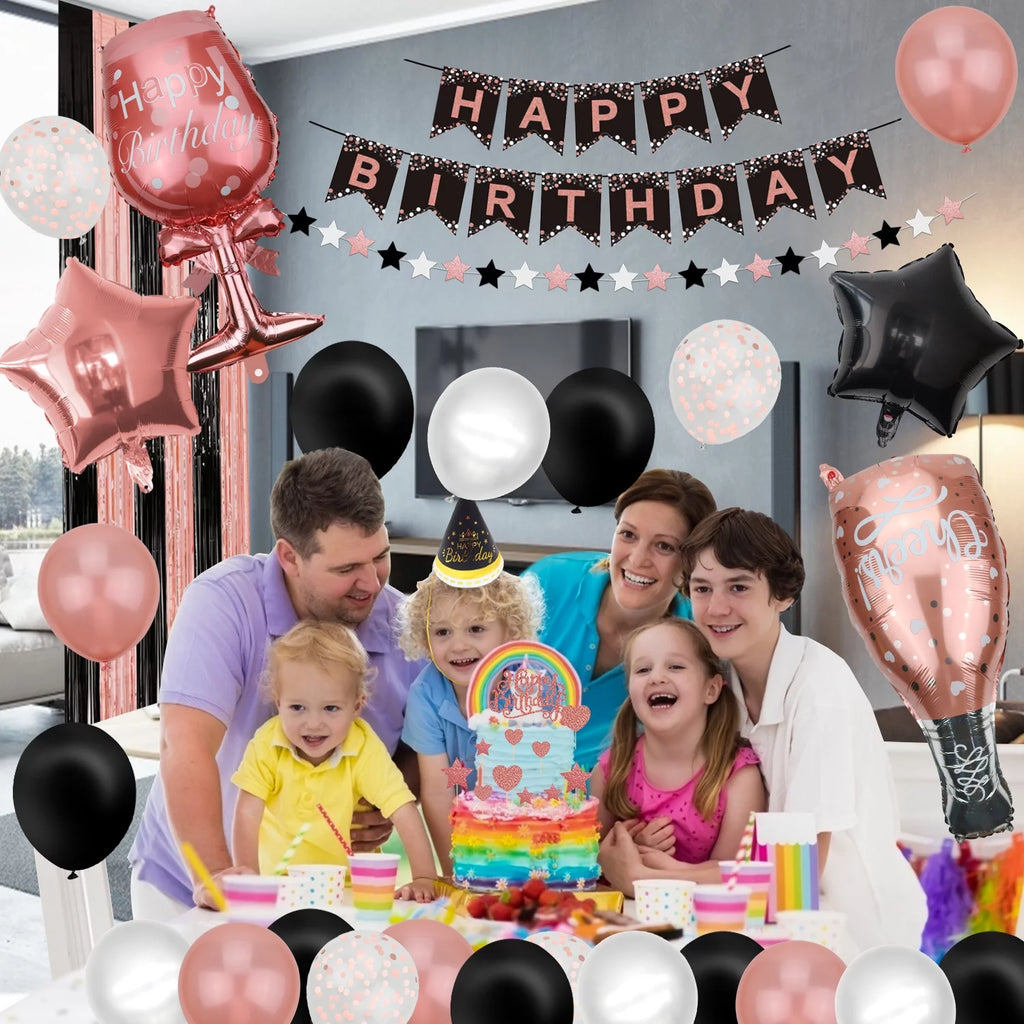 Rose Gold and Black Birthday Party Decorations with Banner, Balloons, Tablecloth and Cake Topper N340932