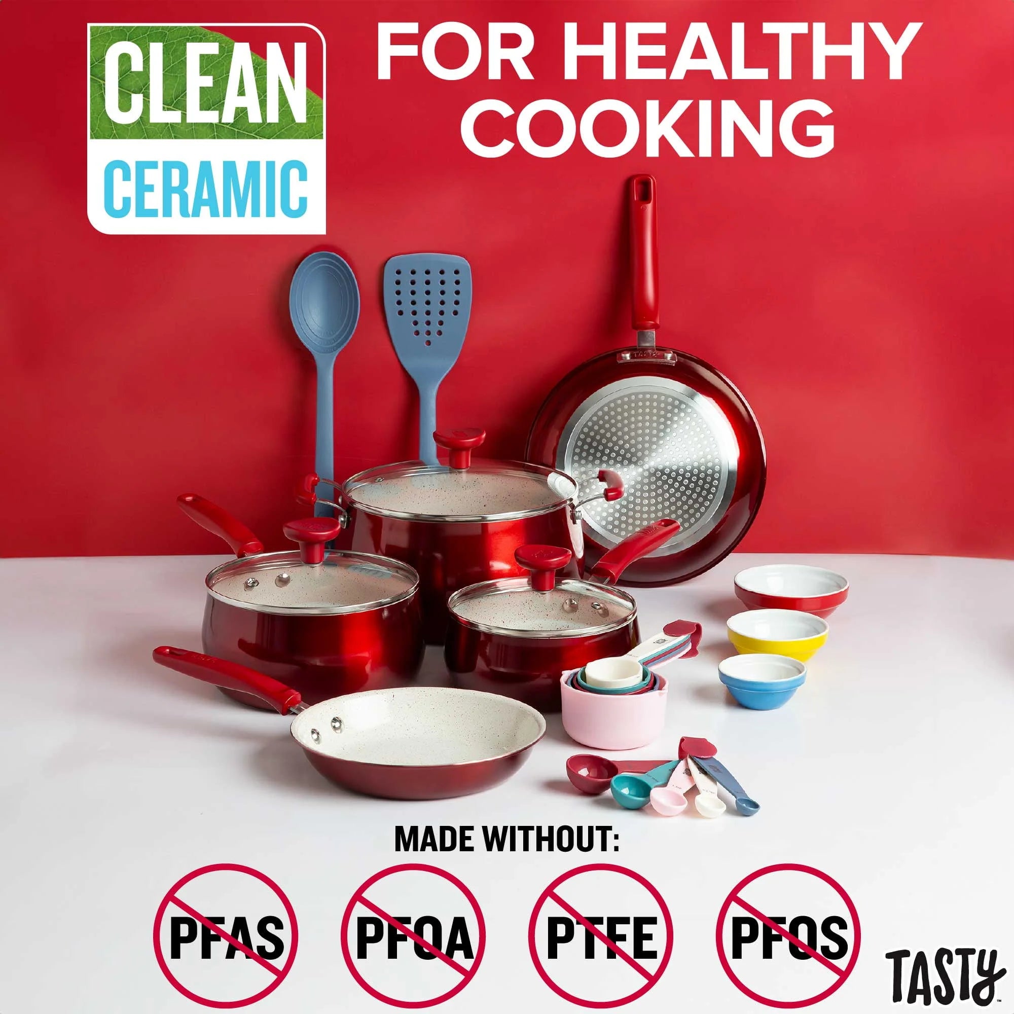 Tasty Clean Ceramic 23 Piece Non-Stick Aluminum Cookware Set, Red D32601