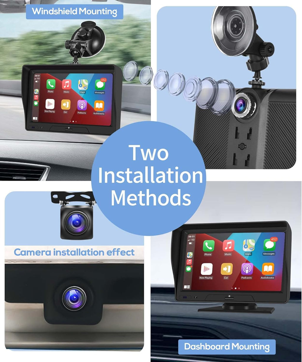 Portable Bluetooth Car Stereo with Carplay, Android Auto, 7" Backup Camera and DVR O923149