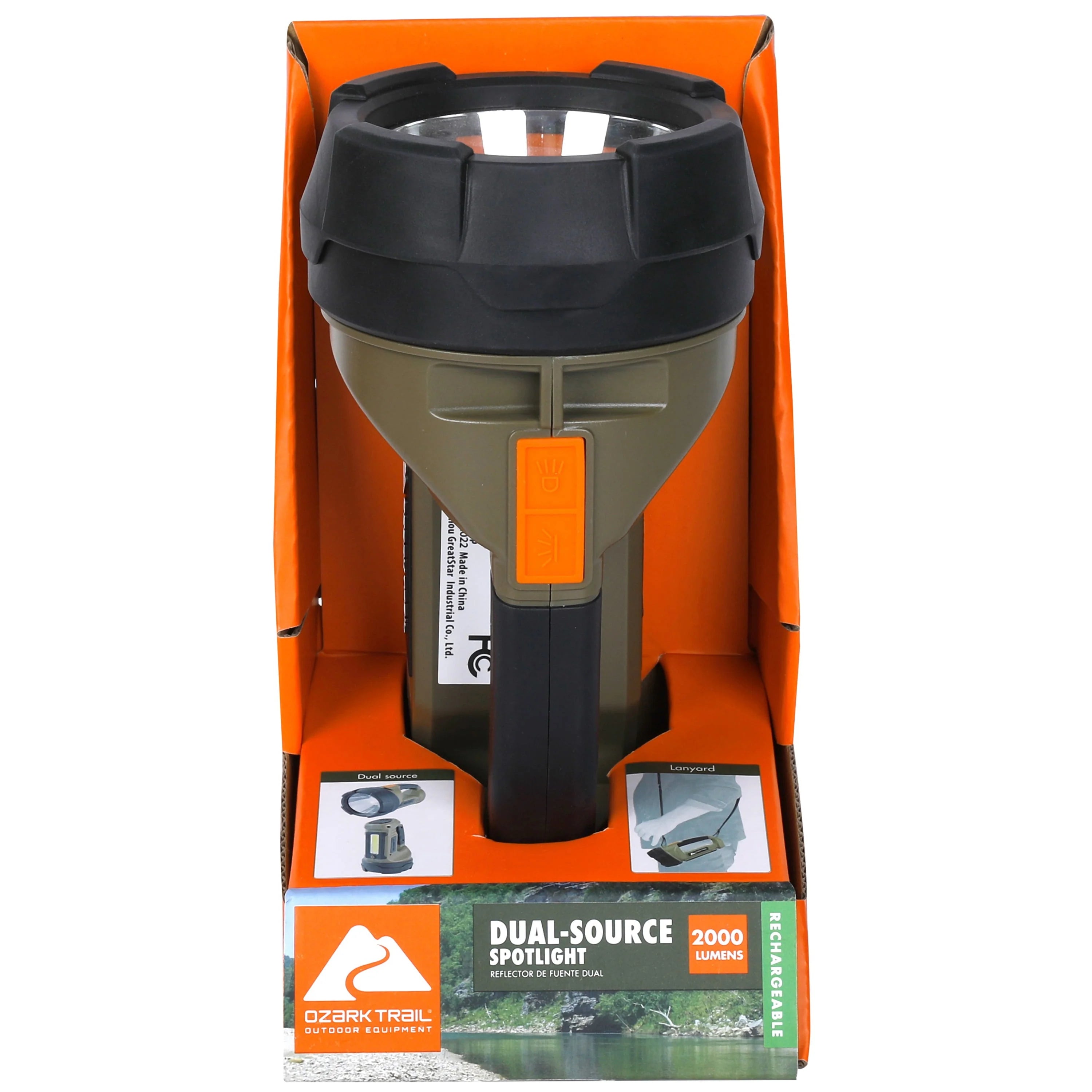 Ozark Trail 2000 Lumen Dual Source LED Rechargeable Spotlight with Power Bank, Olive K593