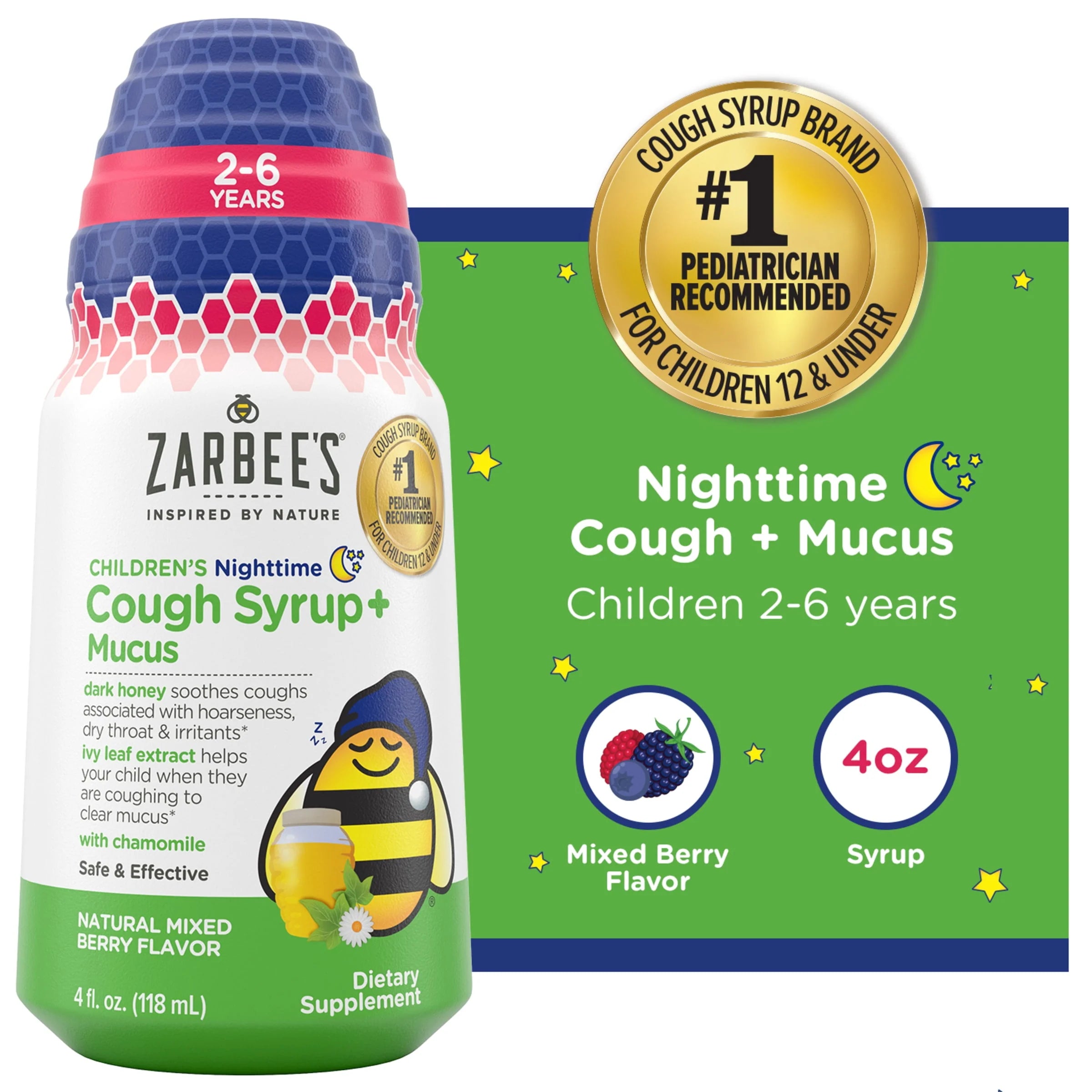 Zarbee's Kids Cough + Mucus Nighttime with Honey, Ivy Leaf, Zinc & Elderberry, Mixed Berry, 4FL Oz