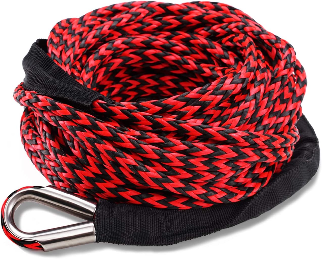 AZAMIA Synthetic Winch Rope 3/8 x 95' 25000 LBs Red & Black with Hook and Protective Sleeve B921327
