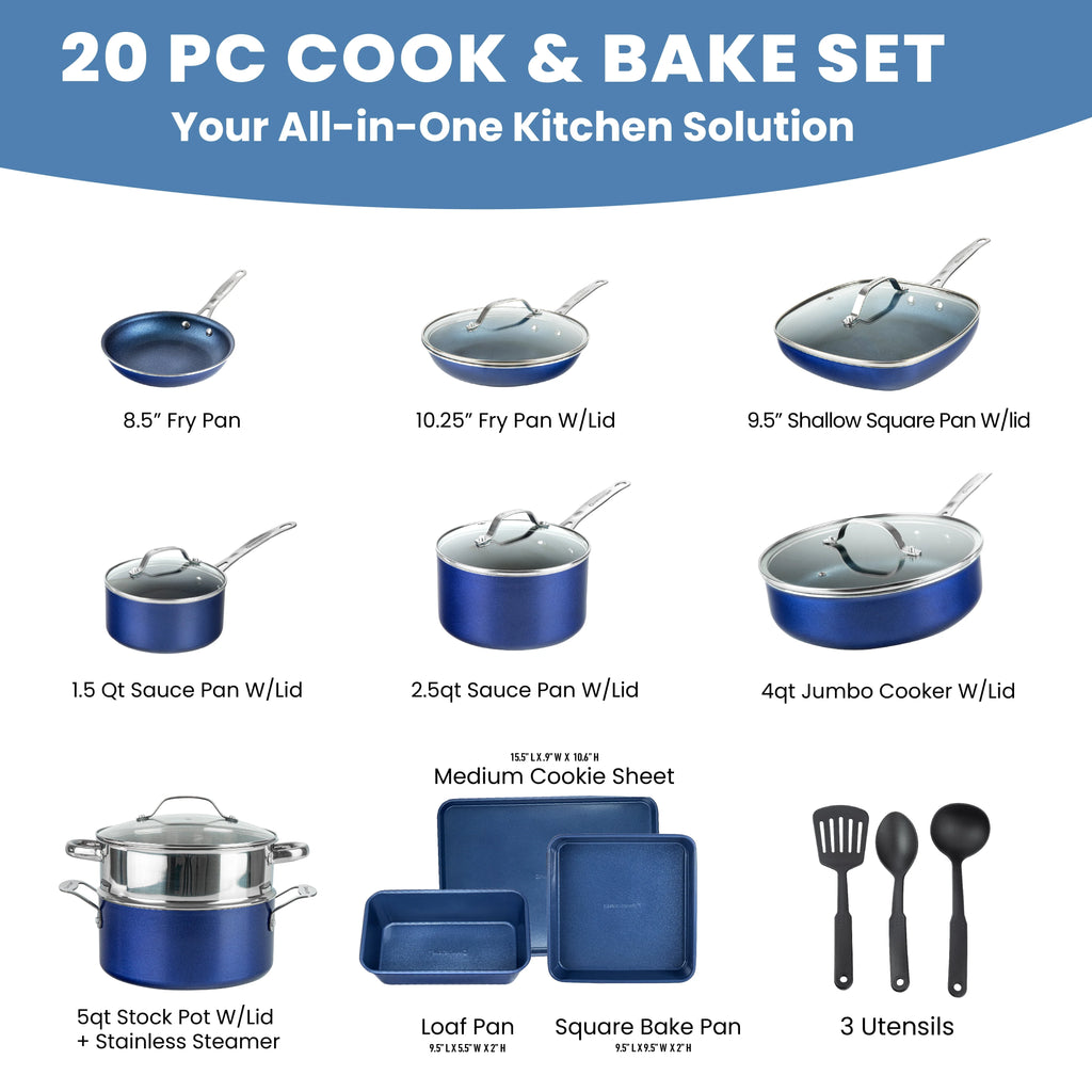 Granite Stone Pots and Pans Set 20 Piece Nonstick Cookware, Blue K97816