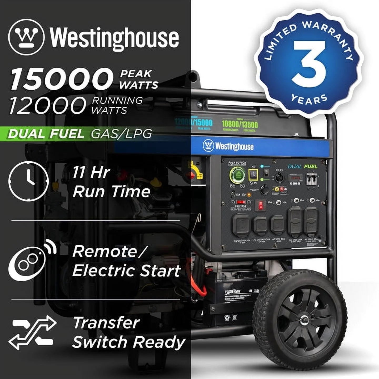 Westinghouse 15,000 Peak Watt Dual Fuel Portable Generator E188