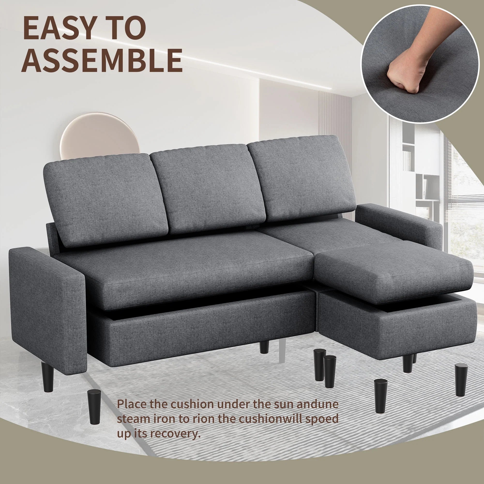 Walsunny Convertible Sectional Sofa Couch, L-Shaped with Reversible Chaise, Grayish Black A704