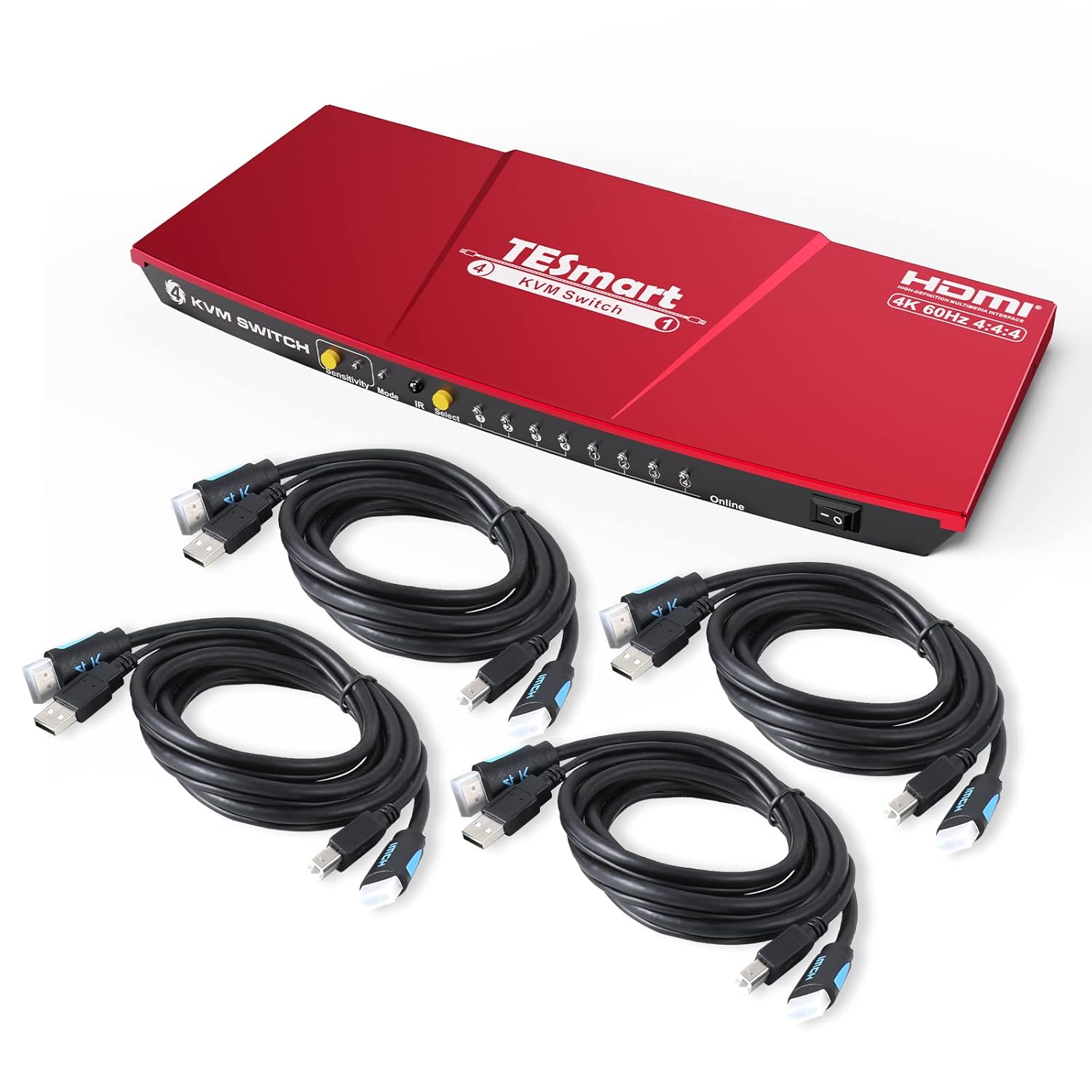 TESmart HDMI KVM Switch 4 Port 4K 60Hz with 2 KVM Cables (Black) U1466