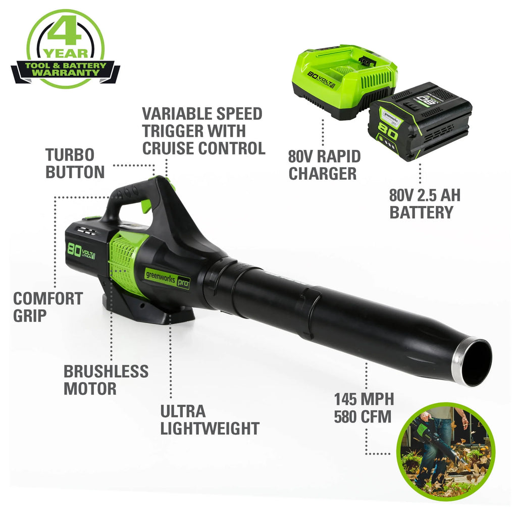 Greenworks 80V Brushless Leaf Blower with 2.5 Ah Battery & Charger G82041