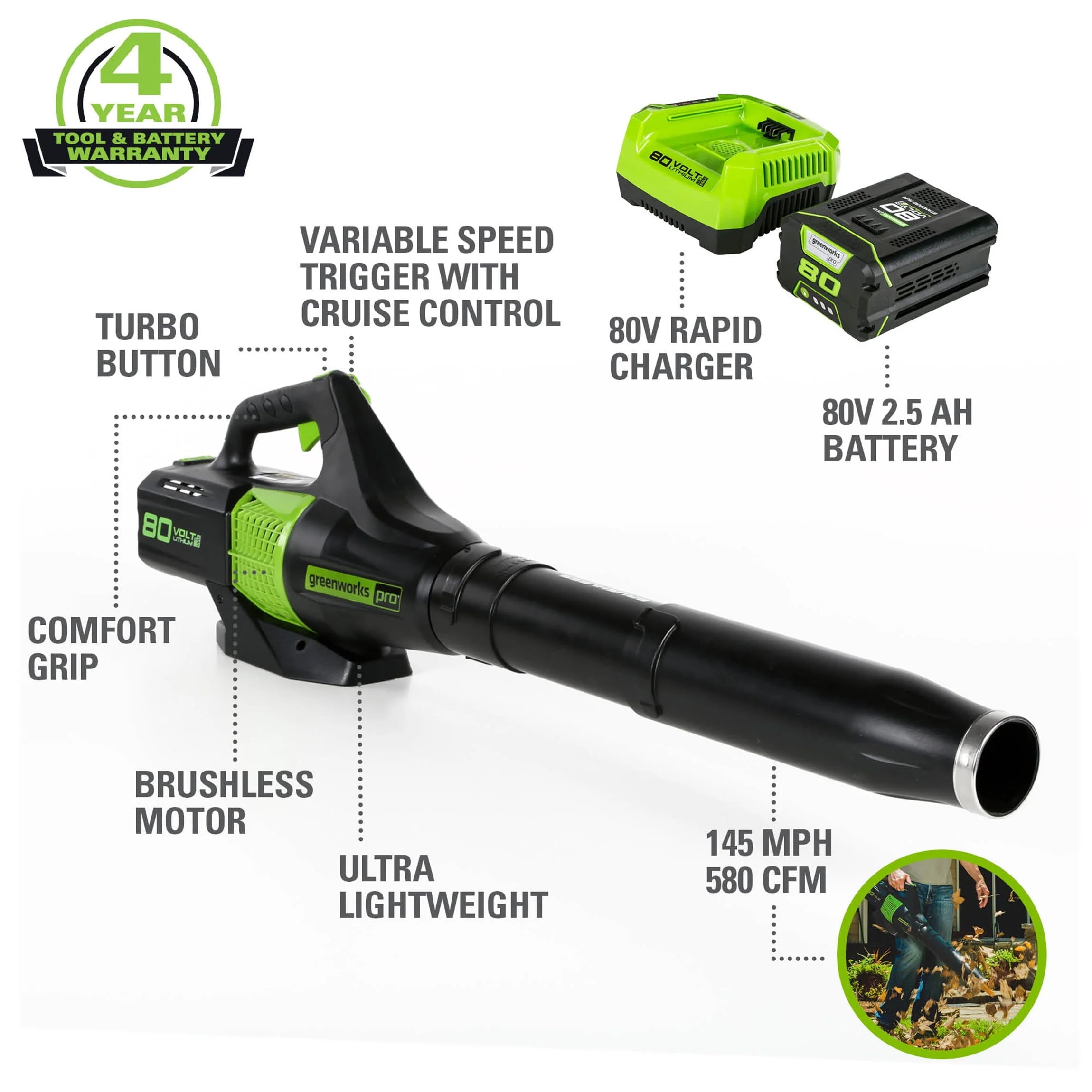 Greenworks 80V Brushless Leaf Blower with 2.5 Ah Battery & Charger G82041