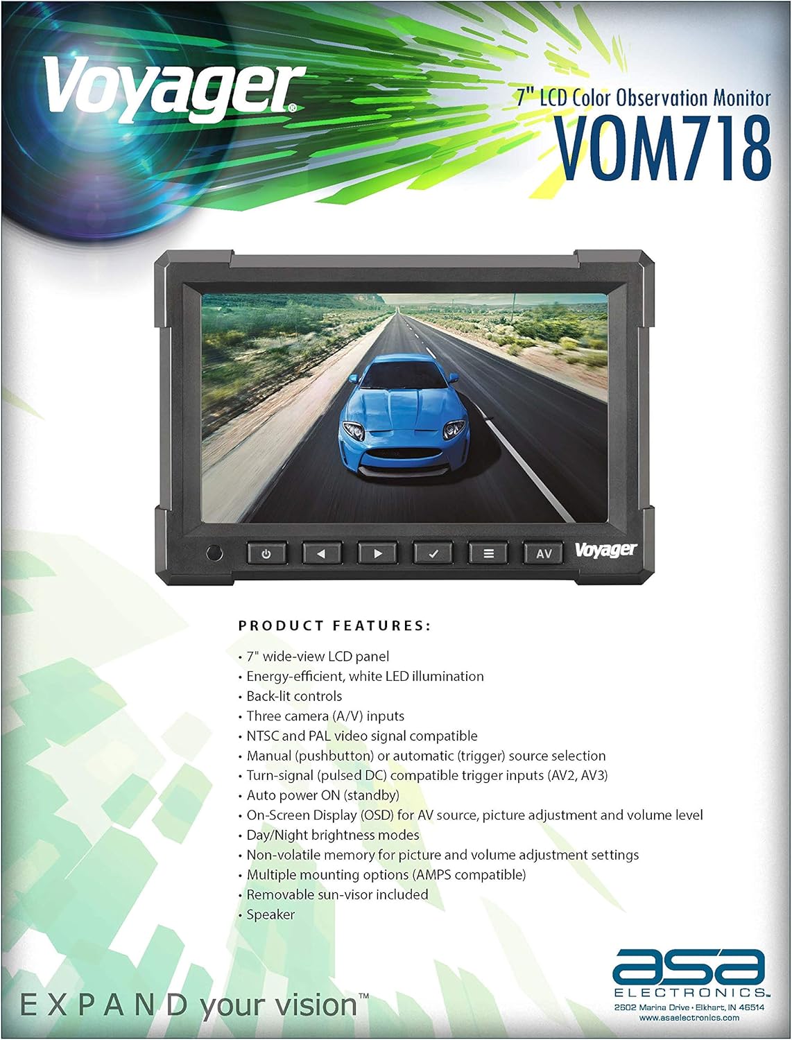 Voyager VOM718 7" LCD Backup Rear View Monitor with 3 Camera Inputs B630294