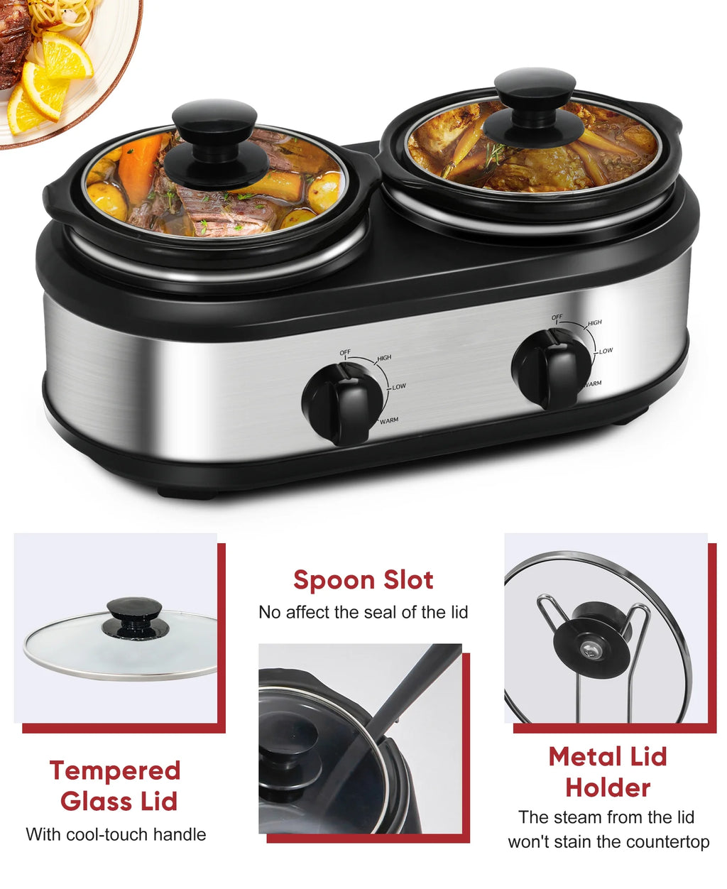 CozyHom 2.5QT Dual Pot Slow Cooker with Adjustable Temp R17780