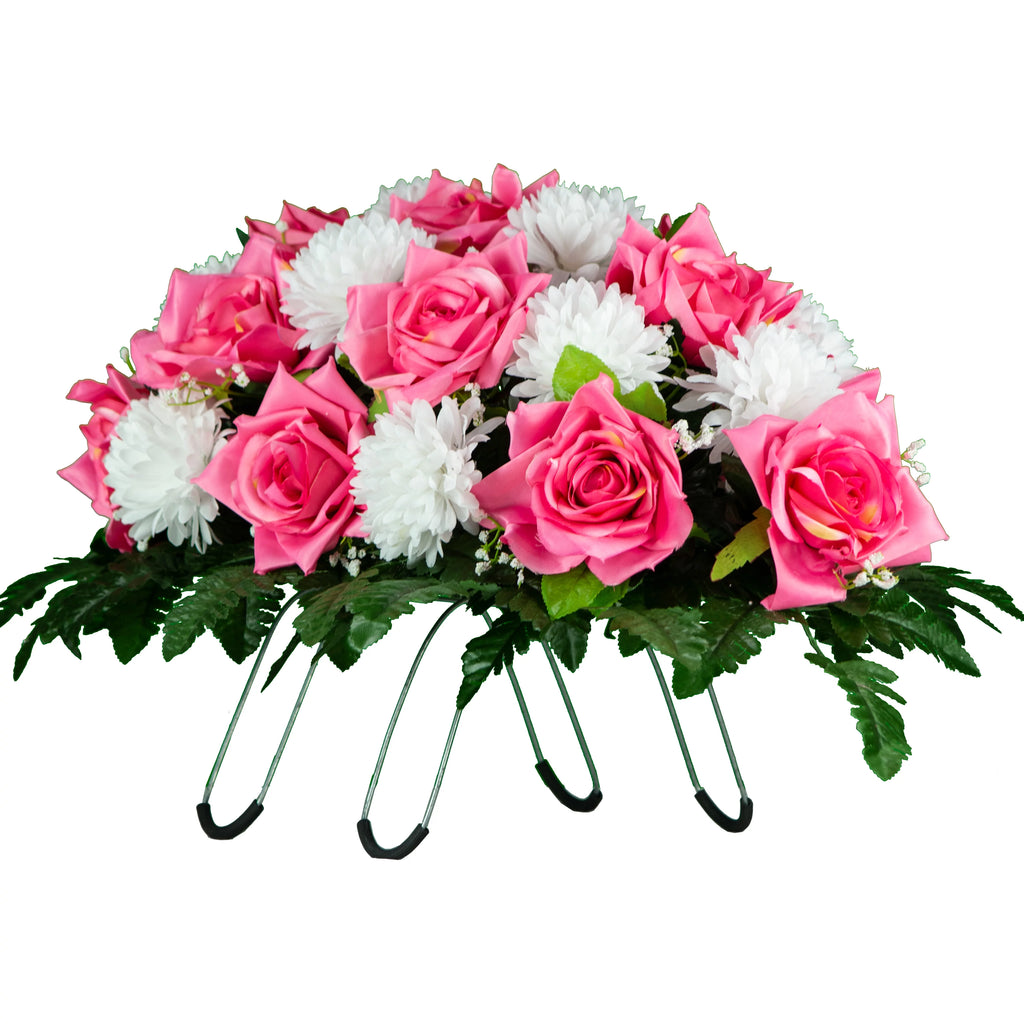 Sympathy Silks Artificial Cemetery Flowers 30" Beauty Pink Open Rose/White Mum Saddle S7779