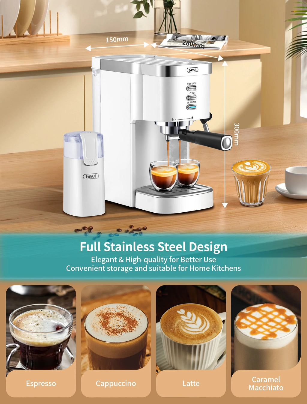 Gevi Espresso Machine 20 Bar Automatic Coffee Maker with Milk Frother Wand, White A499223
