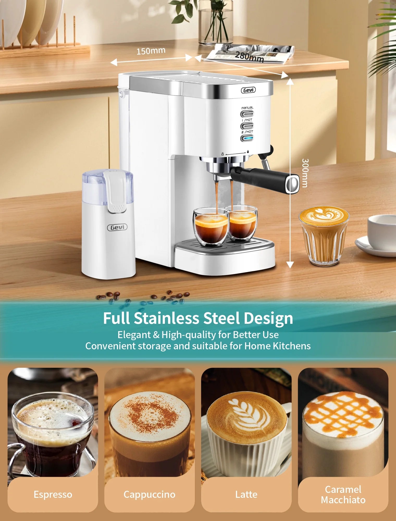 Gevi Espresso Machine 20 Bar Automatic Coffee Maker with Milk Frother Wand, White A499223