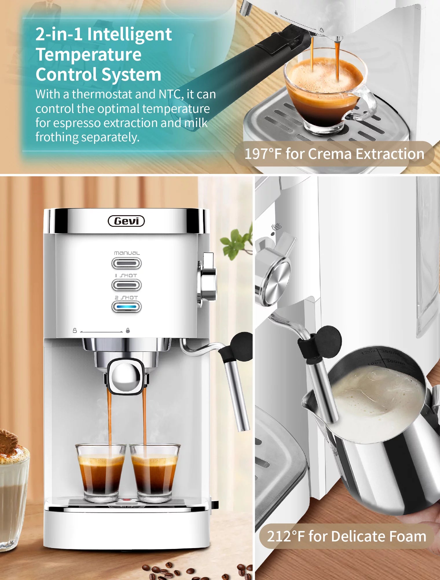 Gevi Espresso Machine 20 Bar Automatic Coffee Maker with Milk Frother Wand, White A499223