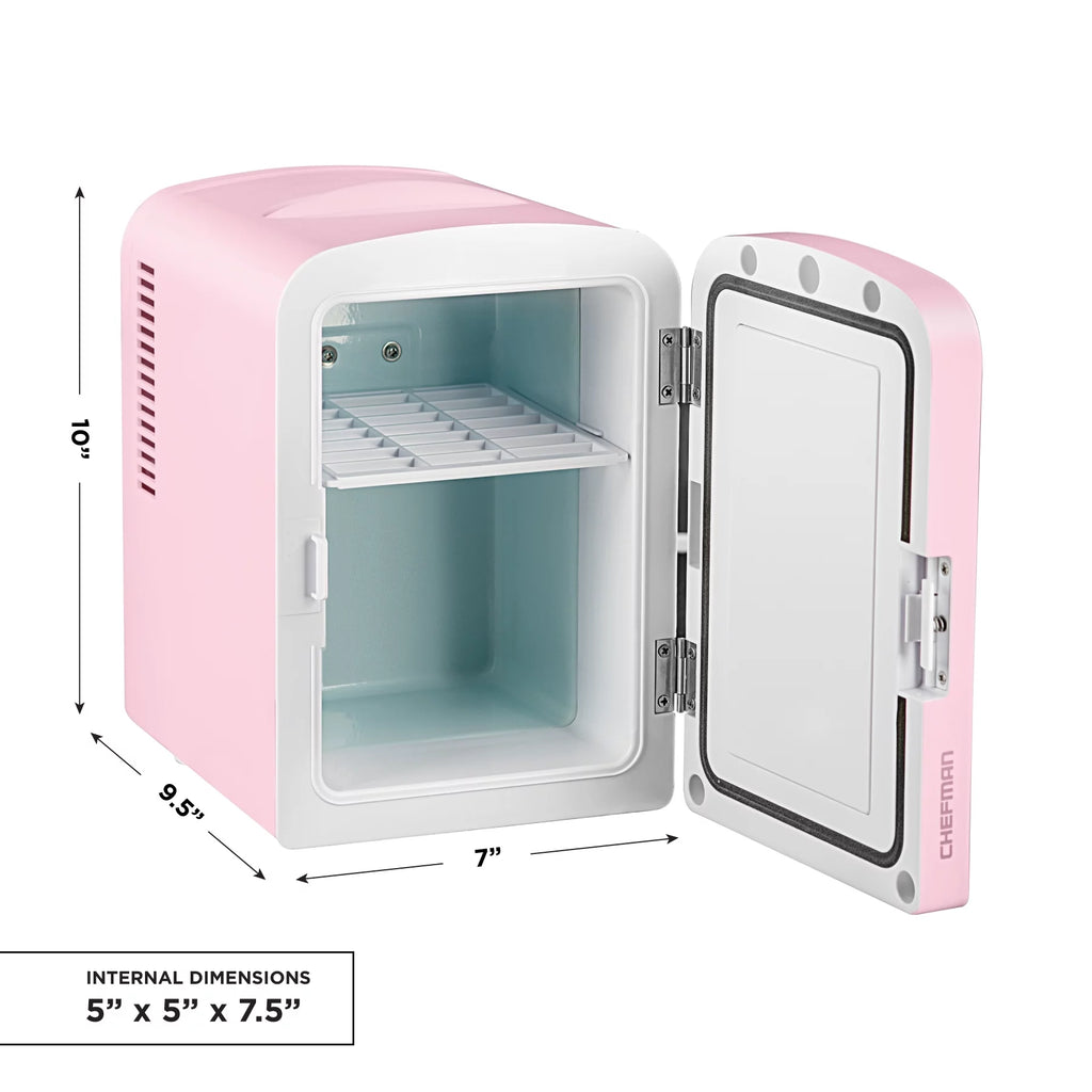 Chefman Portable Mirrored 4L Mini Fridge with Heating and Cooling, Pink R63610