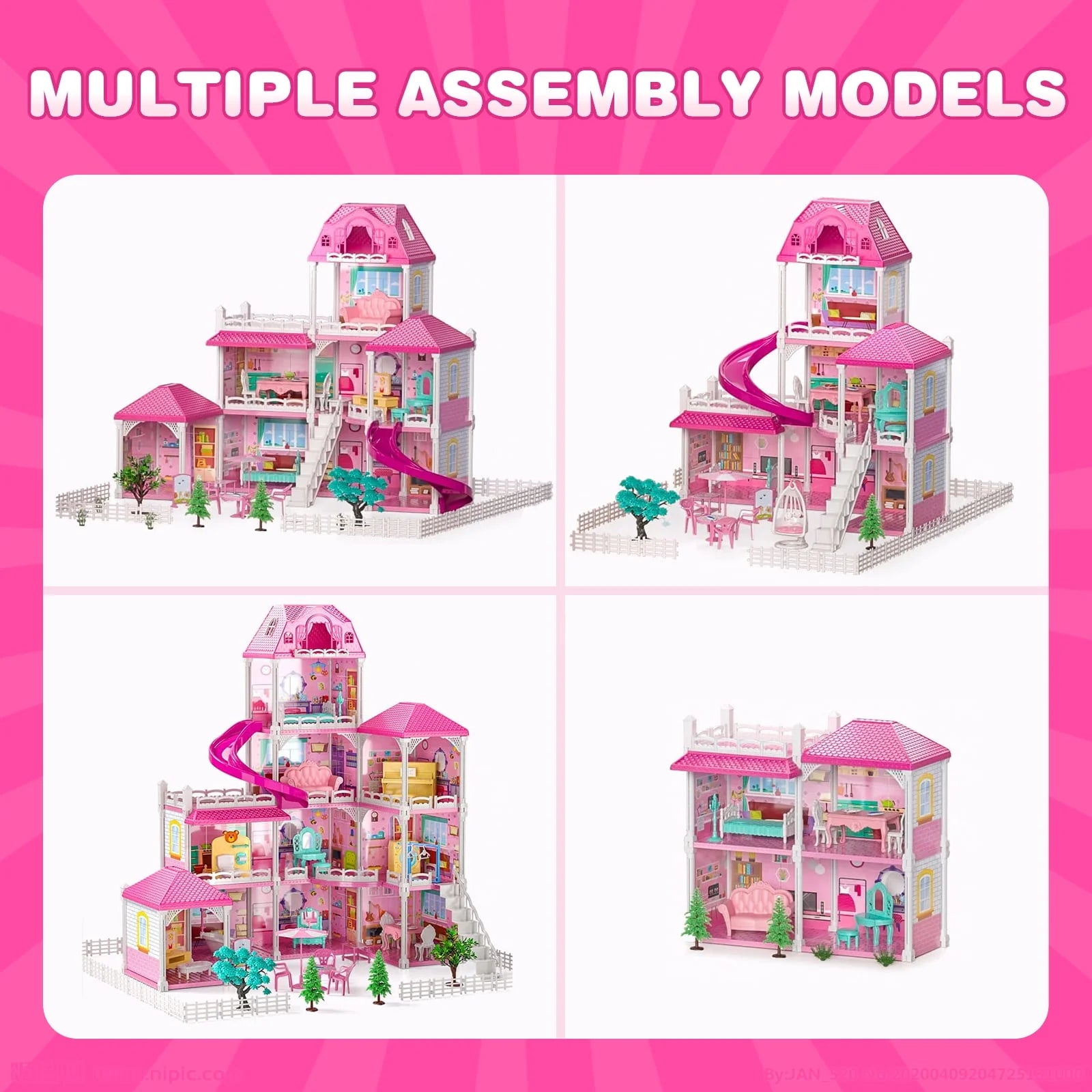 HopeRock Dollhouse for Girls, 4-Story 12 Rooms with 2 Dolls O6260