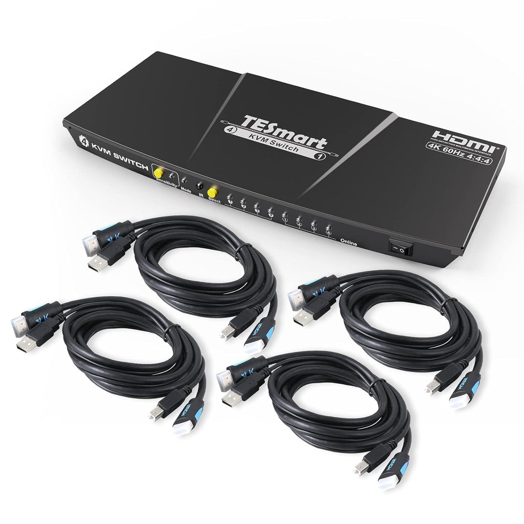 TESmart HDMI KVM Switch 4 Port 4K 60Hz with 2 KVM Cables (Black) U1466
