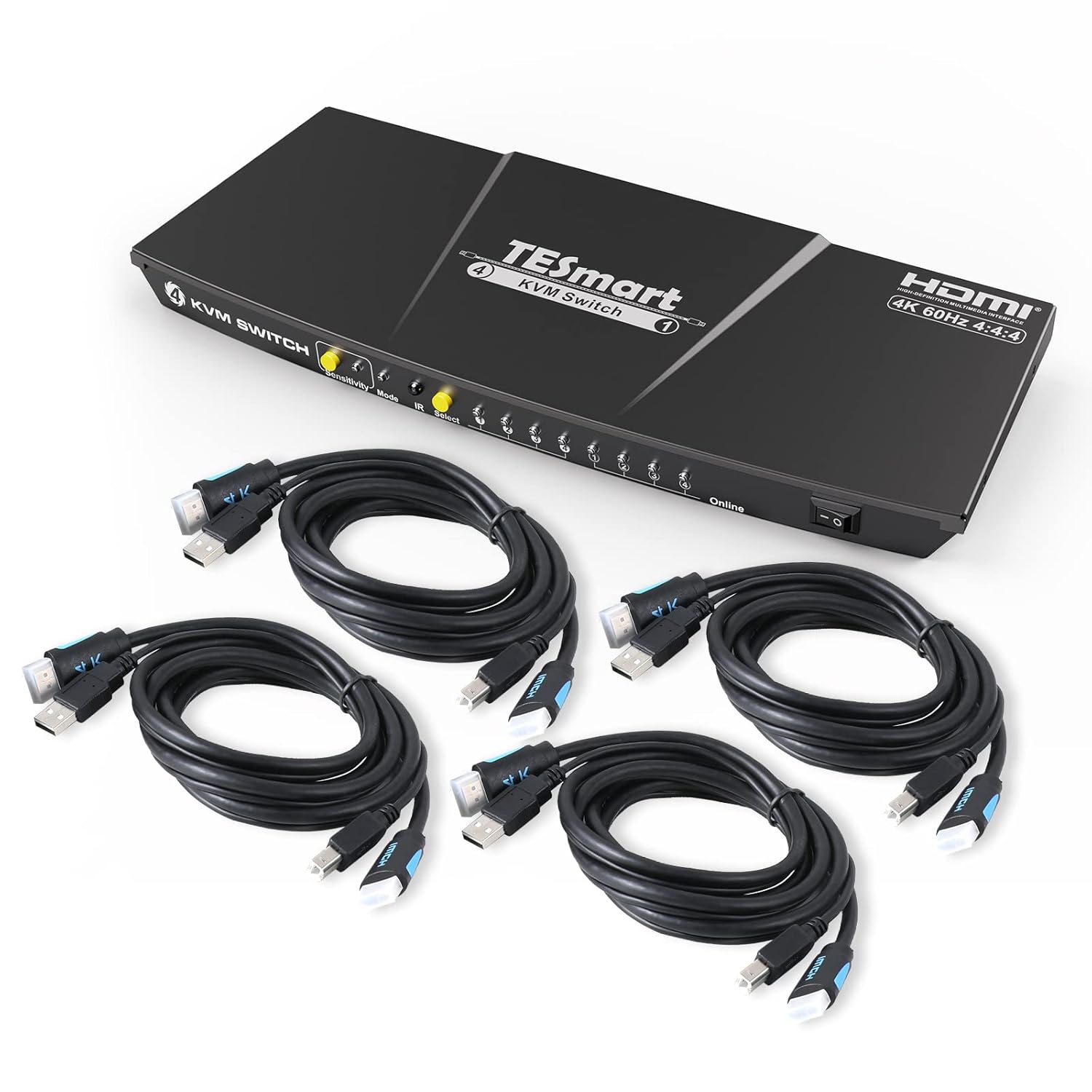 TESmart HDMI KVM Switch 4 Port 4K 60Hz with 2 KVM Cables (Black) U1466