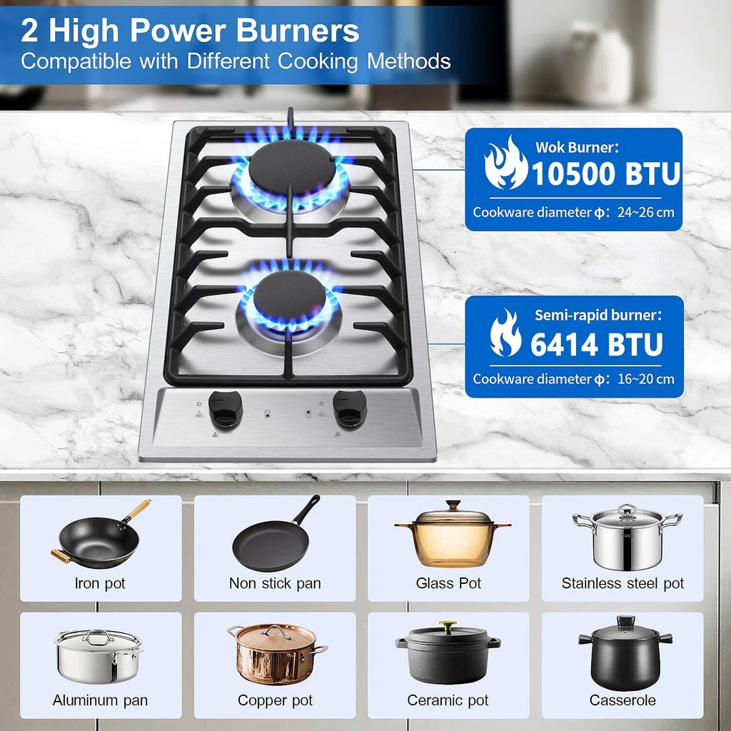 12 inch 2-Burner Stainless Steel Gas Cooktop NG/LPG Convertible W830893