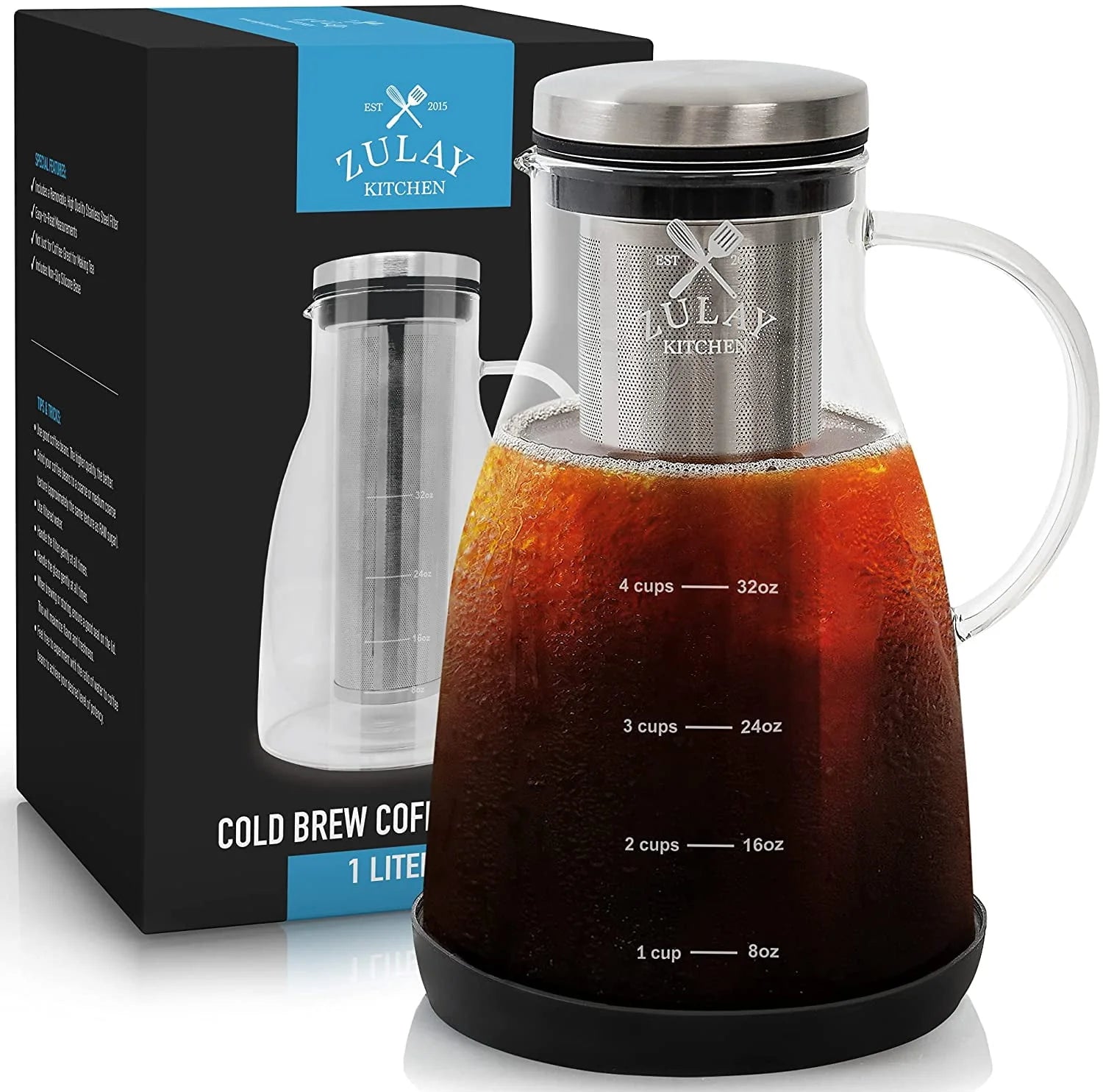 Zulay Kitchen 1 Gallon Cold Brew Coffee Maker with Glass Pitcher and Steel Filter S311521